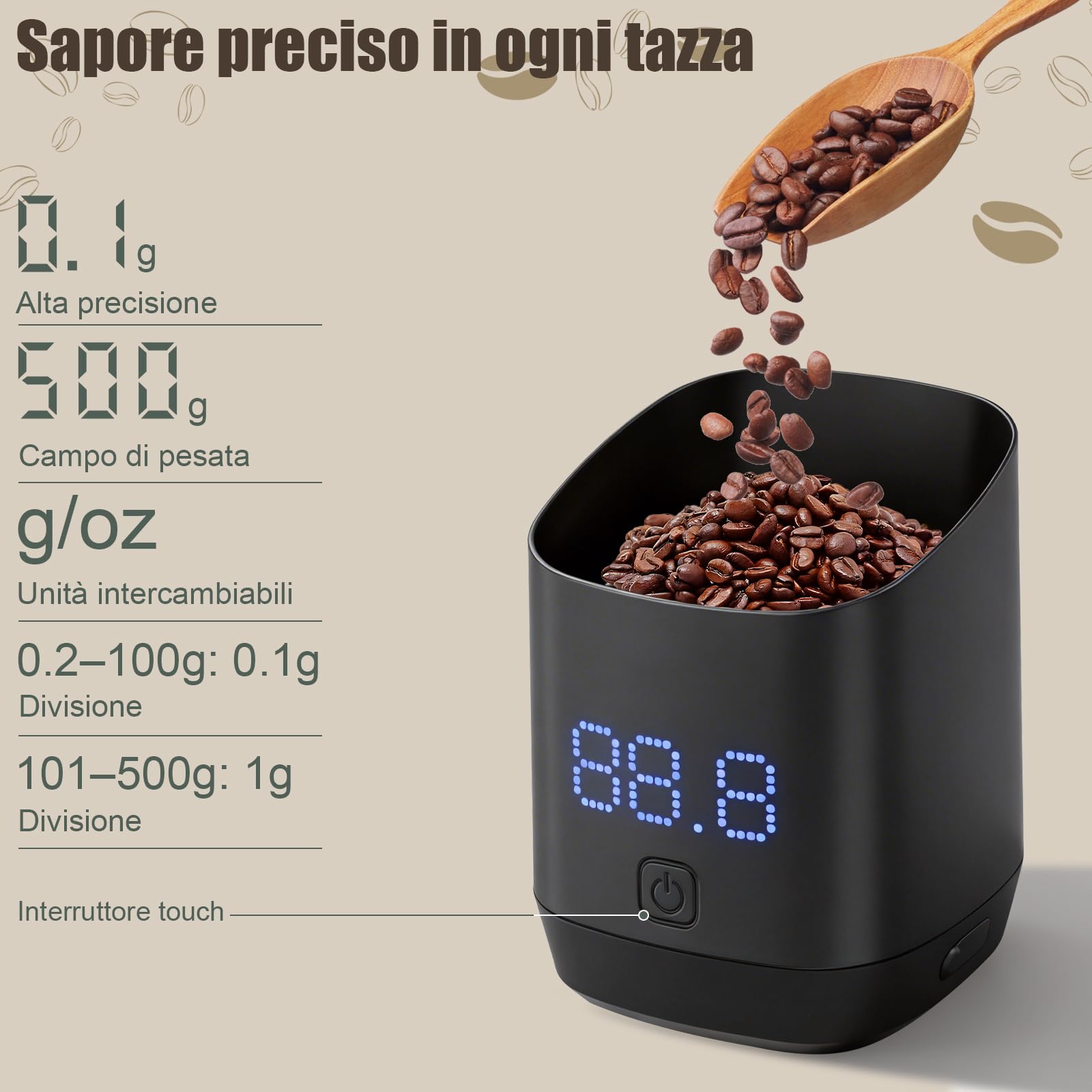 Bilancia di Precisione per Caffè | Misurazione Ultra-Precisa per Espresso, Precisione 0,1 g, Durata della Batteria: 60 Giorni | Bilancia con Display adatta per Caffè Espresso,Chicchi di Caffe, Spezie