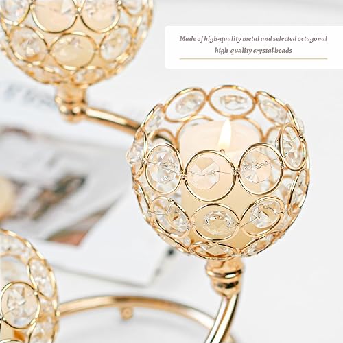 Miniatura 8 de Juego de 3 portavelas de cristal de metal dorado, elegante centro de mesa de metal de 5 brazos con cuenco de cristal brillante, decoración de mesa