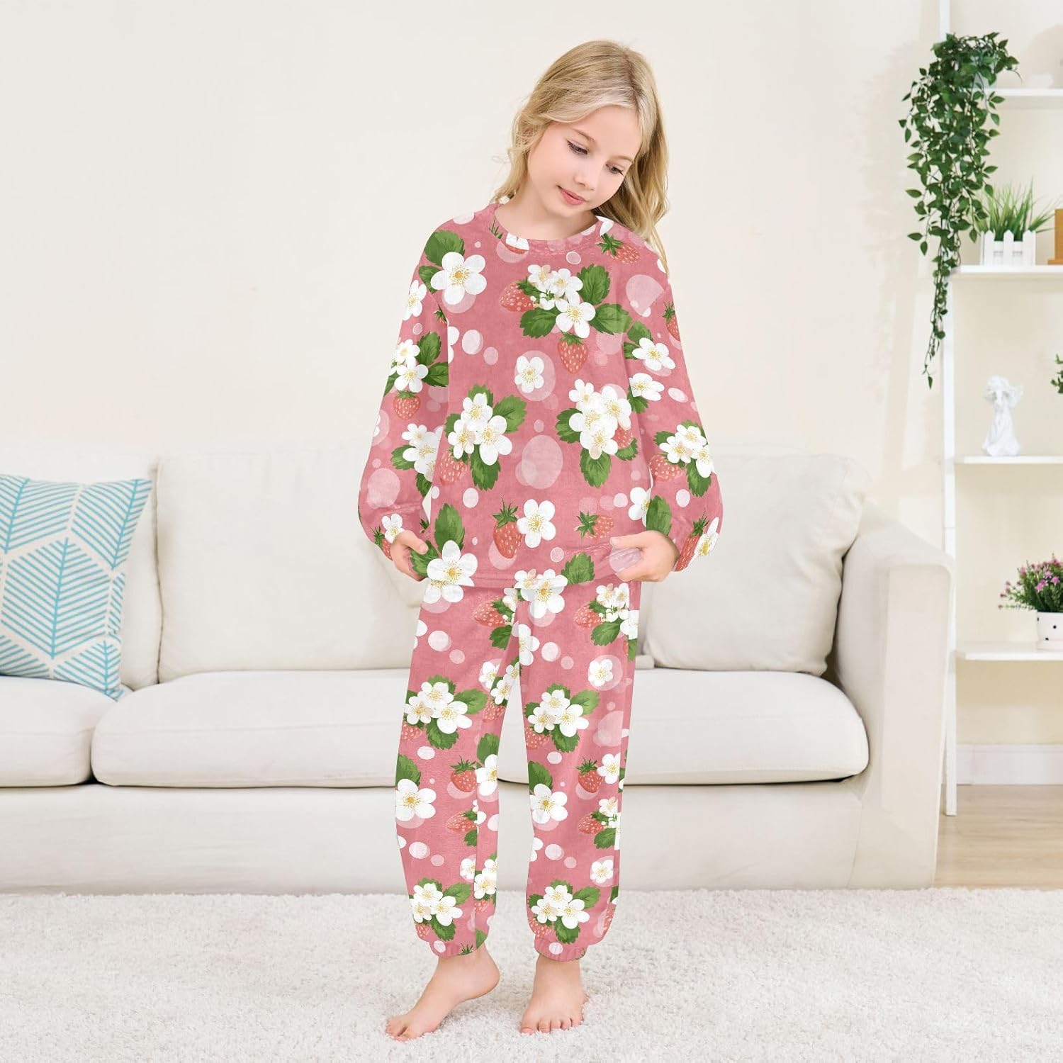 Flower Strawberry Plush Pajama Sets Soft Flannel Fleece Sleepwear