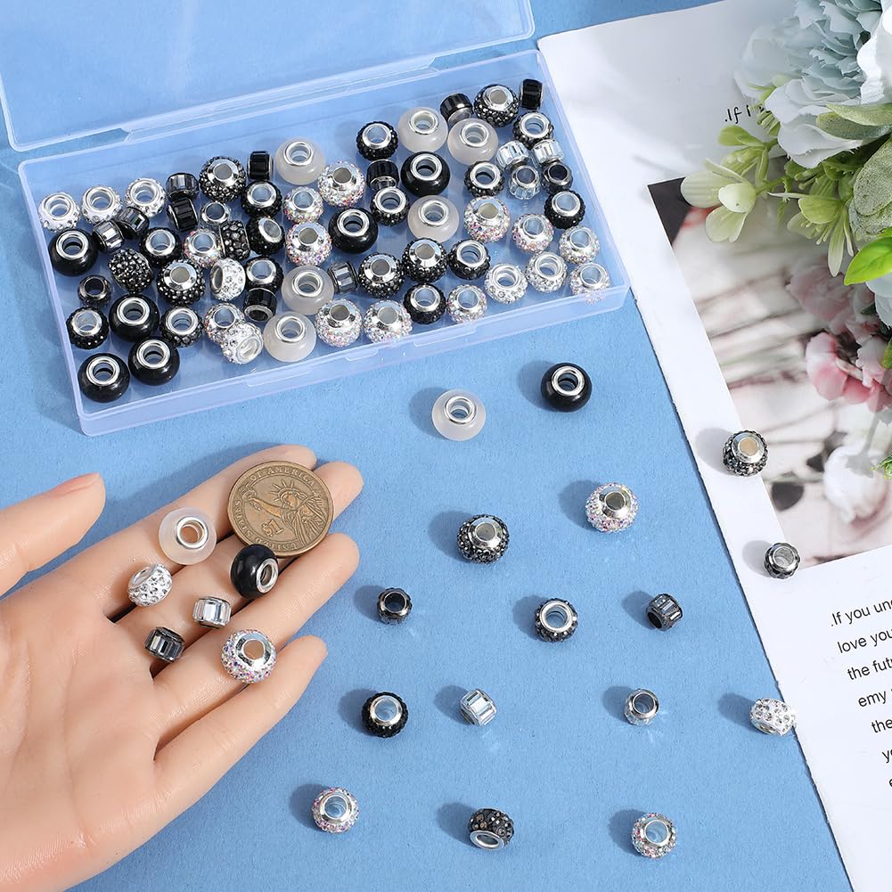 SUNNYCLUE 1 Box 110Pcs 11 Styles Black White Large Hole Glass Beads European Bead Bulk Metal Brass Core Rhinestone Resin Rondelle Loose Spacer Beads for Jewellery Making Bracelet DIY Crafts Supplies - Image 3