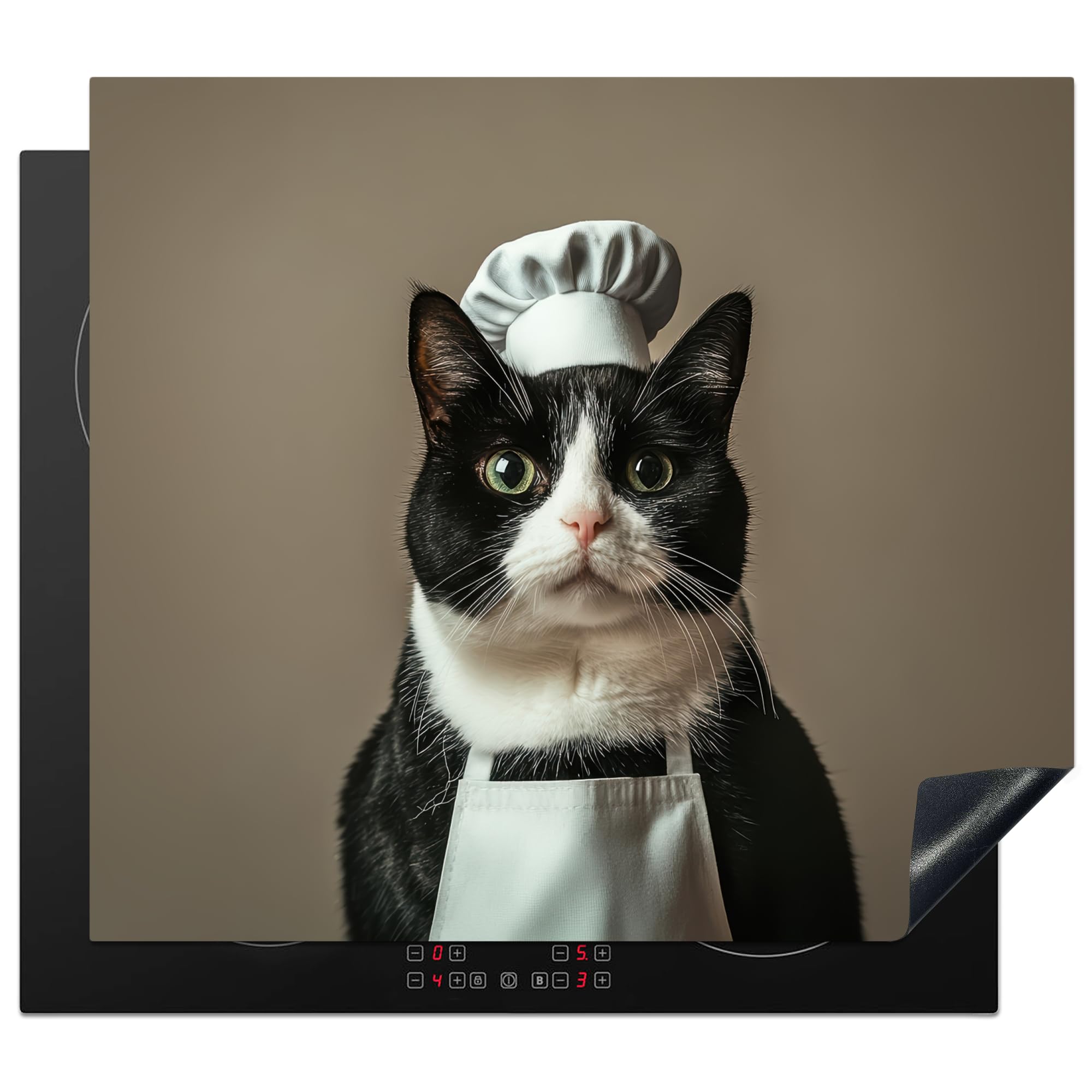 KitchenYeah© Cubre Vitrocerámica - Protector Vitroceramica Induccion 60x52 cm - Tapa Vitroceramica - Protector de Vitroceramica Gato - Cocinero Ropa - Negro - Blanco