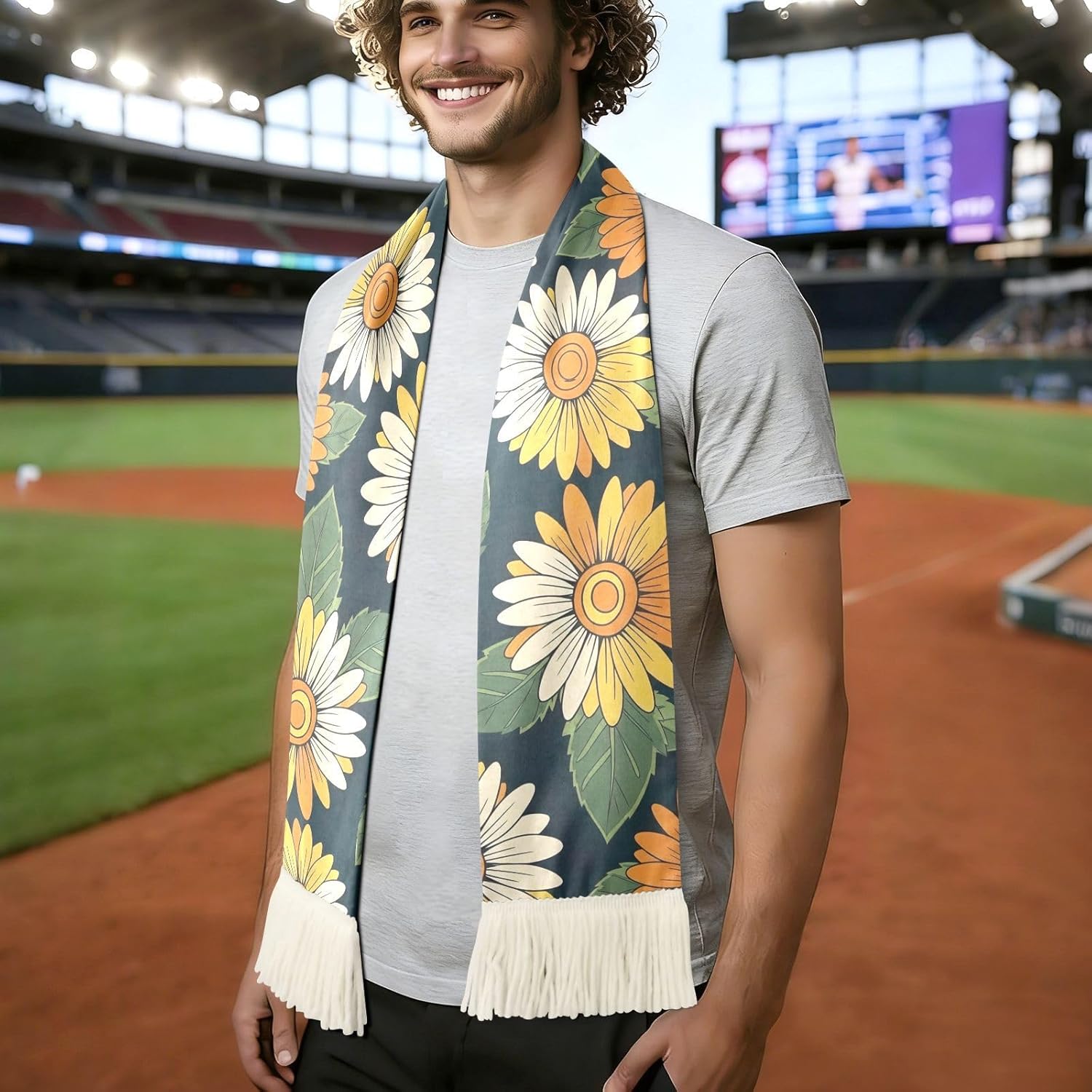 CHIFIGNO Daisy Black Sports Fan Scarf Sweat Towel, 100% Polyester Quick Dry Rally Towel for Soccer Fans, Cheering Banner Scarf