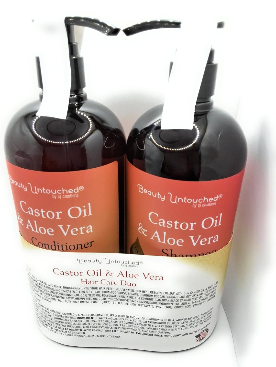 sj creations, Beauty Untouched Castor Oil & Aloe Vera Hair Care Duo, Fortifying & Restoring Shampoo and Conditioner Set, 64 fl oz (Castor Oil/Aloe Vera)