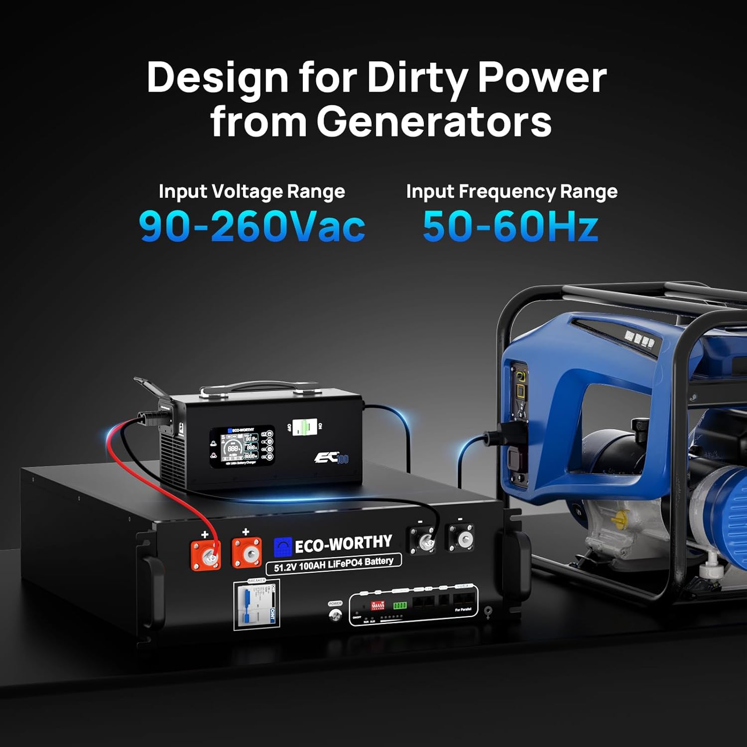 ECO-WORTHY 48V 100A Battery Charger for LiFePO4, Suitable for 120/240V Generators Fast Charging, Compatible with ECO-WORTHY 48V 100Ah Server Rack Battery, 2-100A Current Adjustable - Image 2