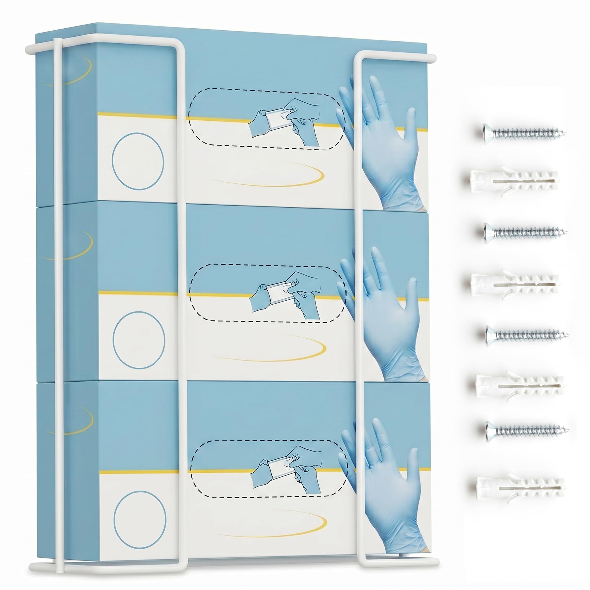 PERFORMORE Large Disposable Glove and Facial Tissue Wire Rack - Glove Box Holder, Medical Glove Holder, Holds Up To 3 Boxes, Hygiene Dispenser, Wall Mount Design With Mounting Accessories Included