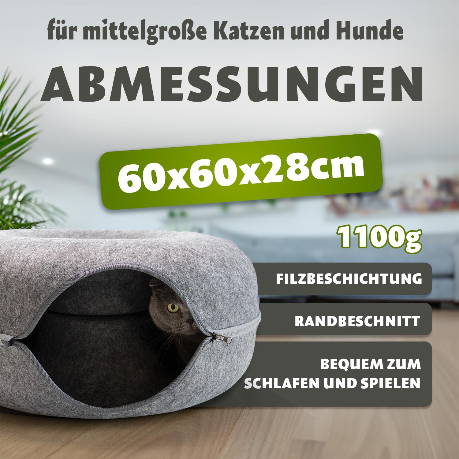 Katzentunnel Katzen Donut Katzenhöhle Katzenbett Spielhöhle für Ihr Liebling, rund, Maße 60x60x28 cm, aus robustem Filz gefertigt, Grau. Multifunktionales Design: zum Spielen,Schlafen oder Kratzen