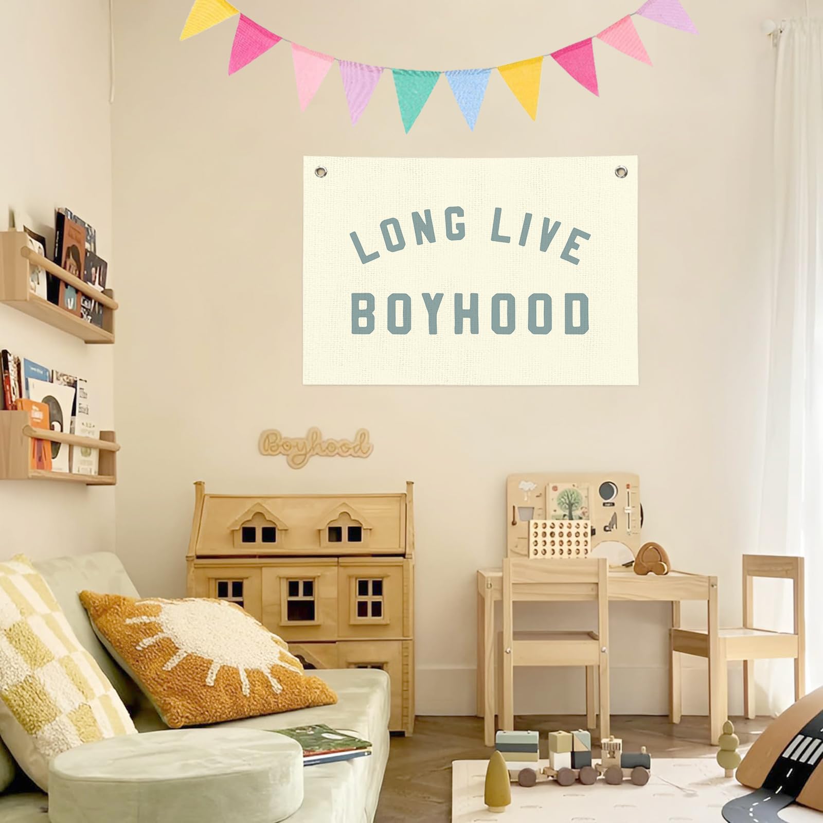 BOQTMK Long Live Boyhood Banner – Beige Linen Wall Hanging Banner 30x20 Inches+Colorful Triangle Flag 4m 12Pcs Linen Decor Set, Boys Room & Nursery, Playroom Wall Art, Baby & Toddler Room Decor