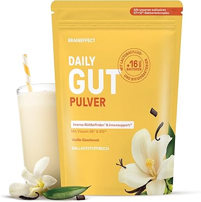 BRAINEFFECT DAILY GUT – Probiotisches Getränkepulver mit 16 Mrd. lebenden Bakterien & 7 g Ballaststoffen pro Portion, mit Vitamin B1, B2, B6 & B12, Vanille-Geschmack – 240 g