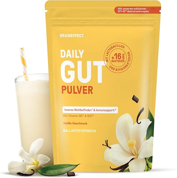BRAINEFFECT DAILY GUT – Probiotisches Getränkepulver mit 16 Mrd. lebenden Bakterien & 7 g Ballaststoffen pro Portion, mit Vitamin B1, B2, B6 & B12, Vanille-Geschmack – 240 g