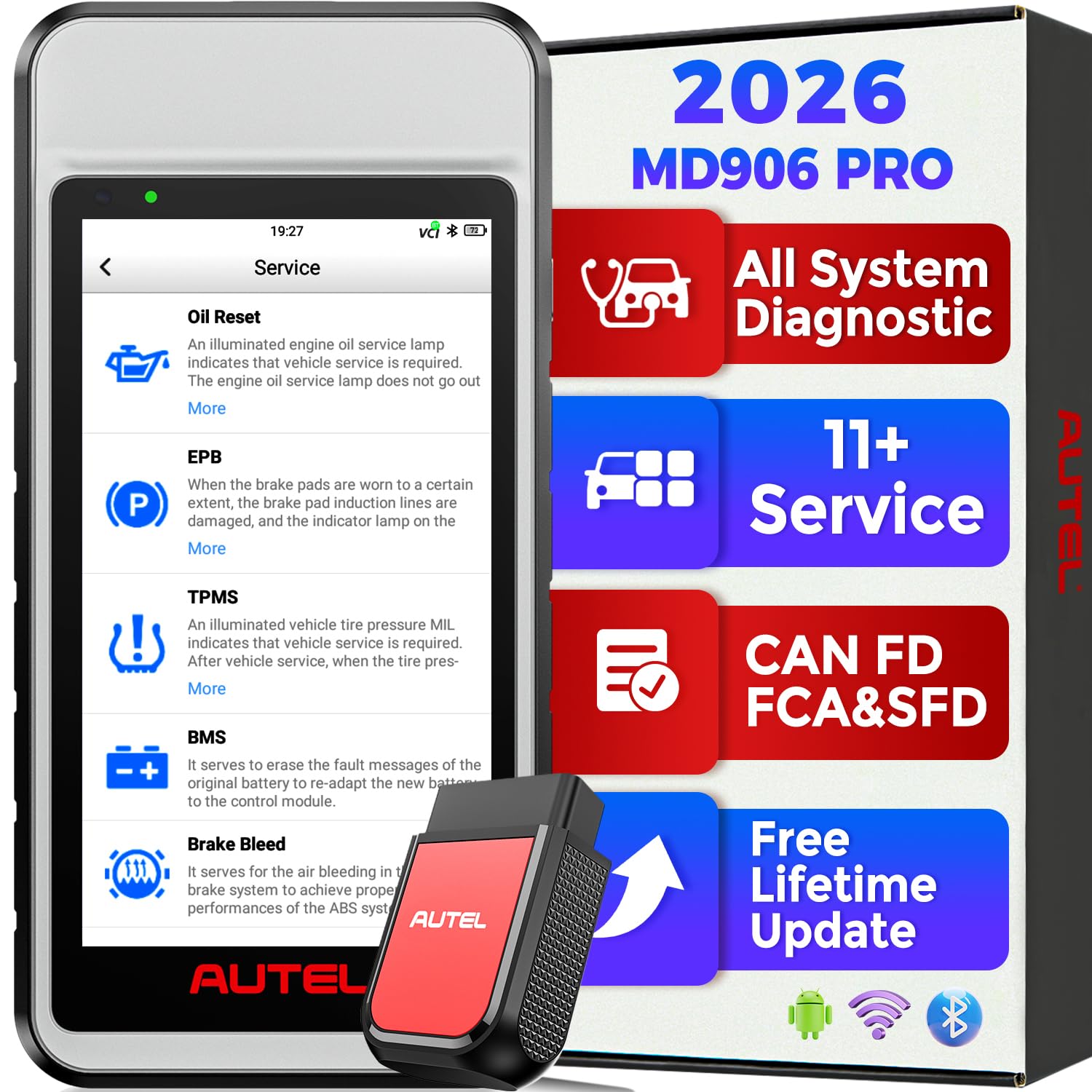Autel MaxiDIAG MD906 PRO Diagnosegerät, 2026 MD906PRO OBD2 Scanner für Vollständige Systeme, Bluetooth Lite von MaxiCOM MK808S MX808S, Gleich wie MD909 PRO, CAN FD, 11 Dienste, Keine Abonnementgebühr