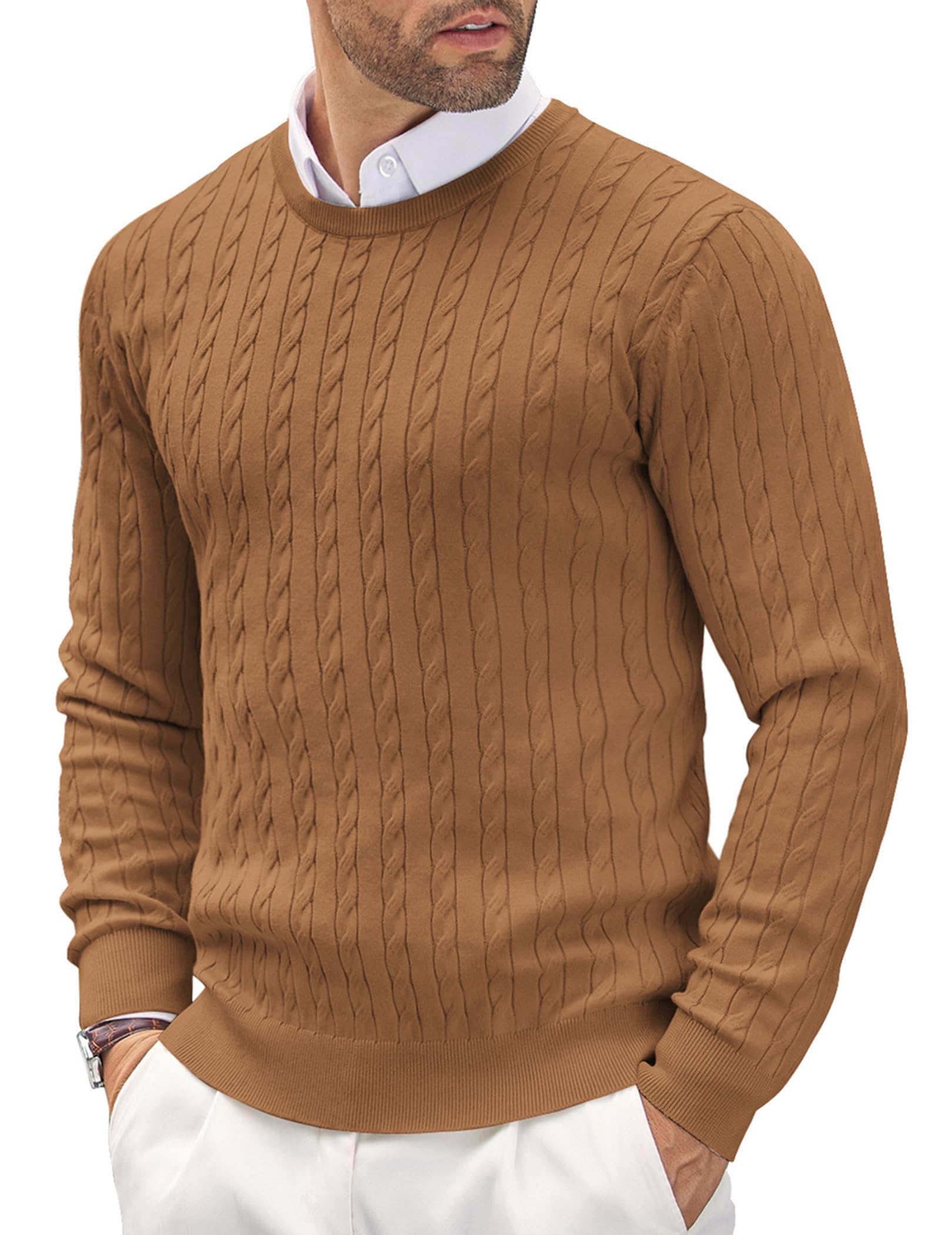 COOFANDY Herren Pullover Rundhals Kragen Zopfmuster Pullover Slim fit Sweater Leichter Freizeit Feinstrickpullover