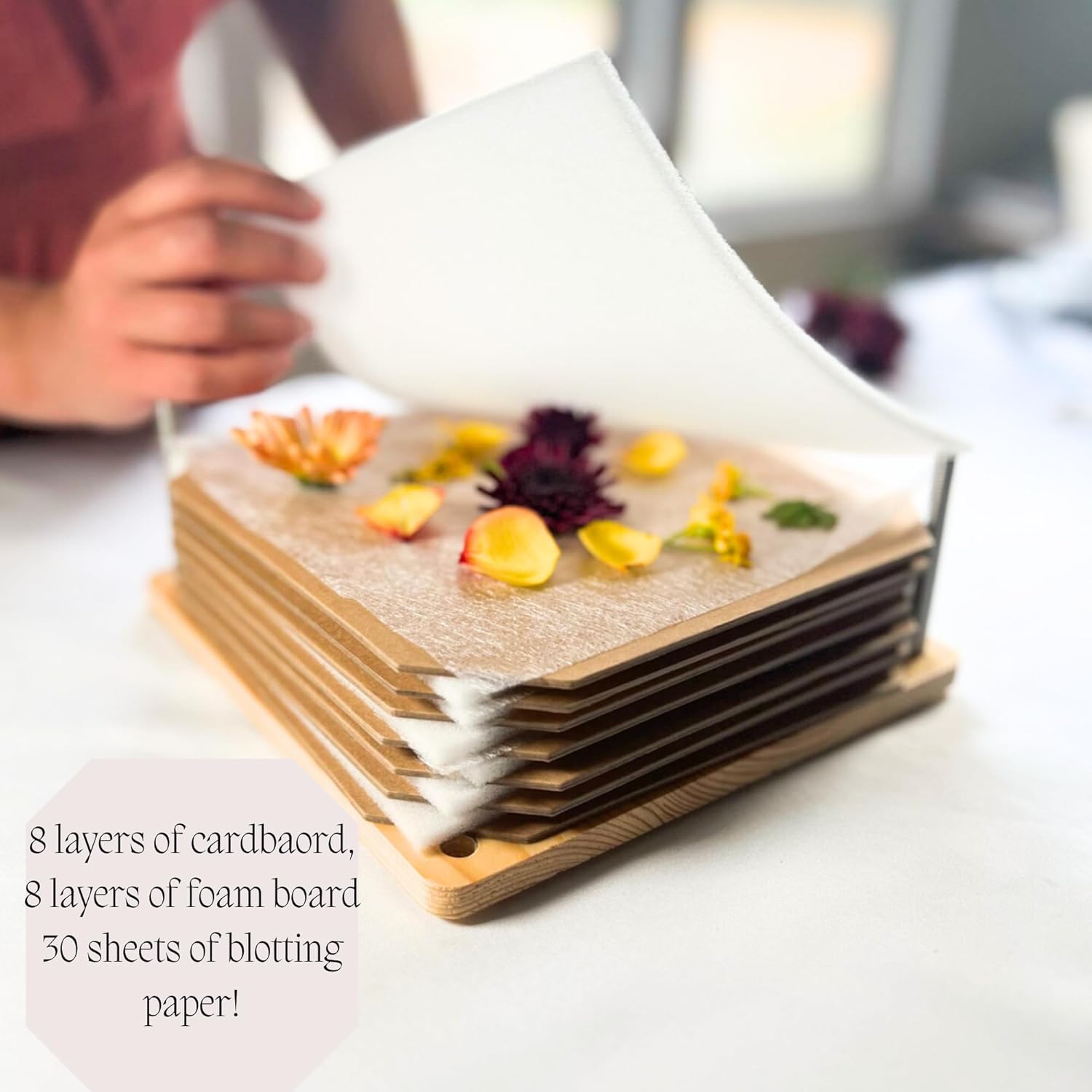 Mandylan & Co. LLC Flower Press w/Reversible Top - 8 Layered Wooden Flower Preservation for Dried Flowers w/Canvas Bag, Flower Pressing Kit for Adults and Kids,