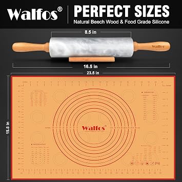 Walfos Marble Rolling Pin Set With Non Stick Silicone Pastry Mat, 16.5 Inch Dough Rolling Pins For Making Pizza, Tortillas And Cookies, Backing Rolling Pin For Pie Crust, Pizza, Pasta (Gray & White)