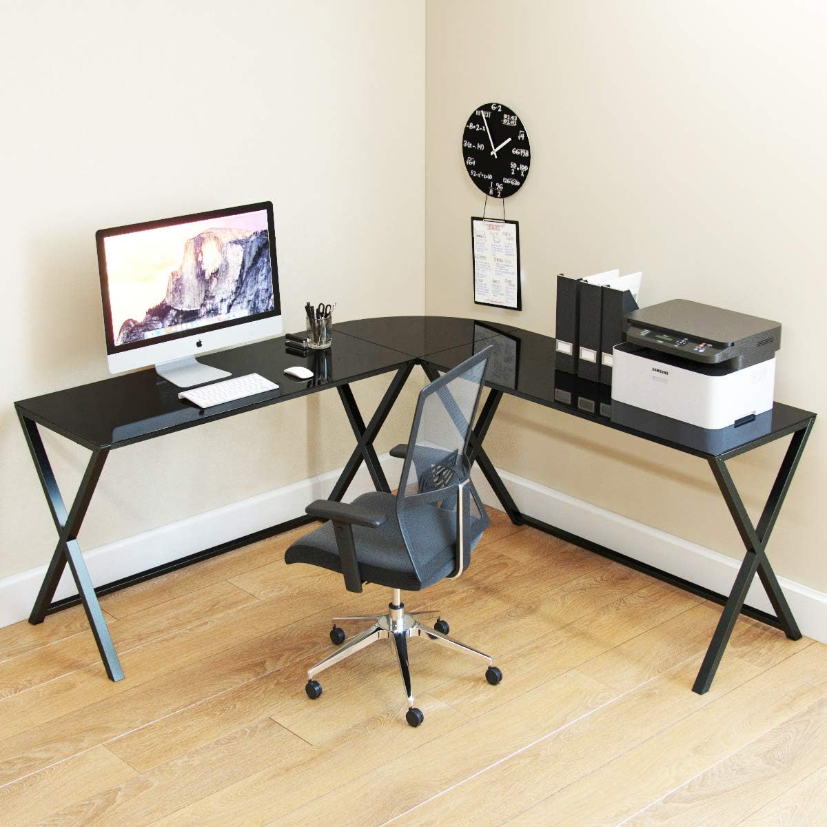 Ryan Rove Keeling X Glass Large Modern L-Shaped Desk Corner Computer Office Desk for Small PC Laptop Study Table Workstation Home Office with Keyboard Shelf - Black Frame, Black Glass