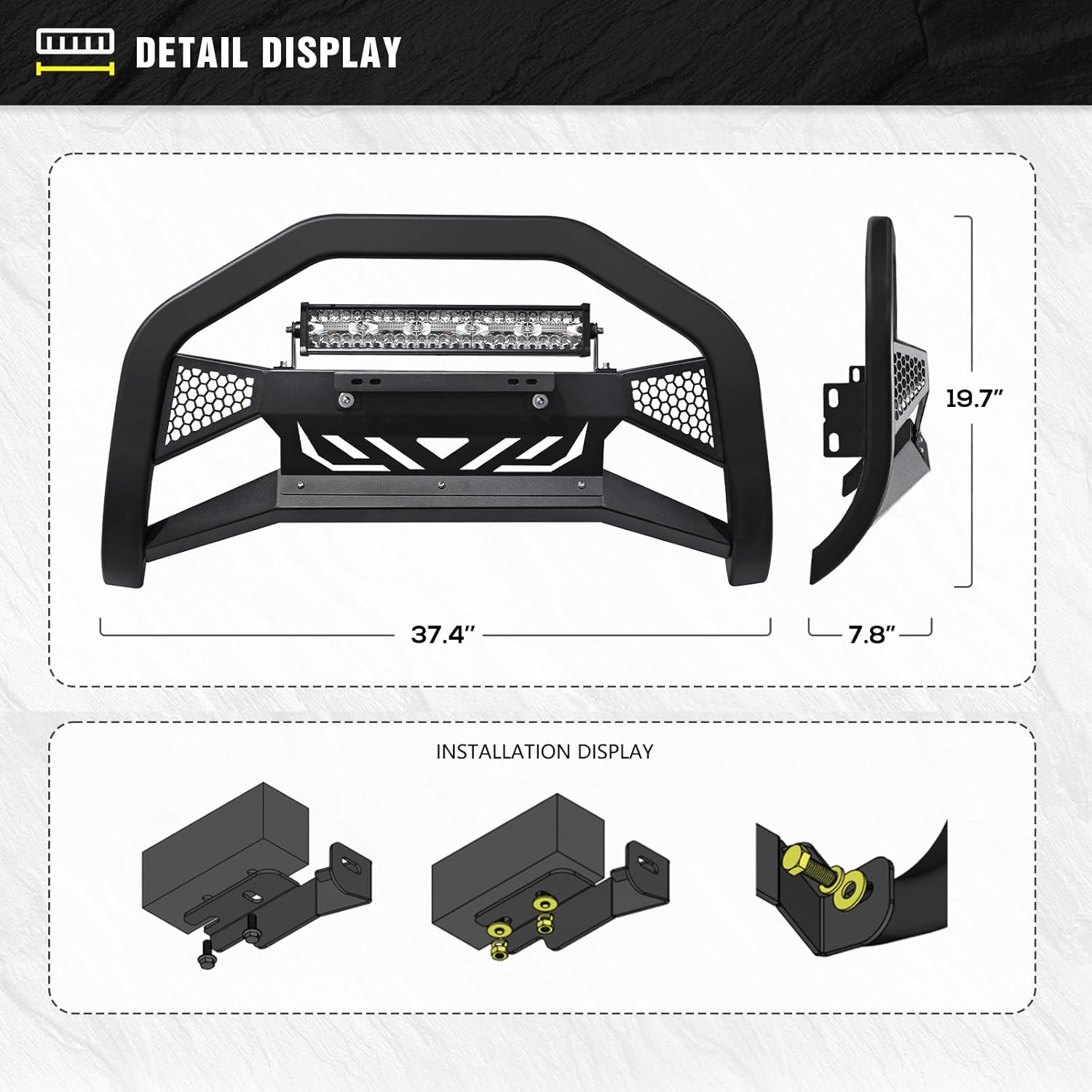 Bull Bar with LED Light Bar & License Plate Frame Compatible with 2004-2024 Ford F150 F-150 & 2003-2017 Ford Expedition & 2003-2014 Lincoln Navigator, Front Brush Guard, Grill Guard, Bumper Push