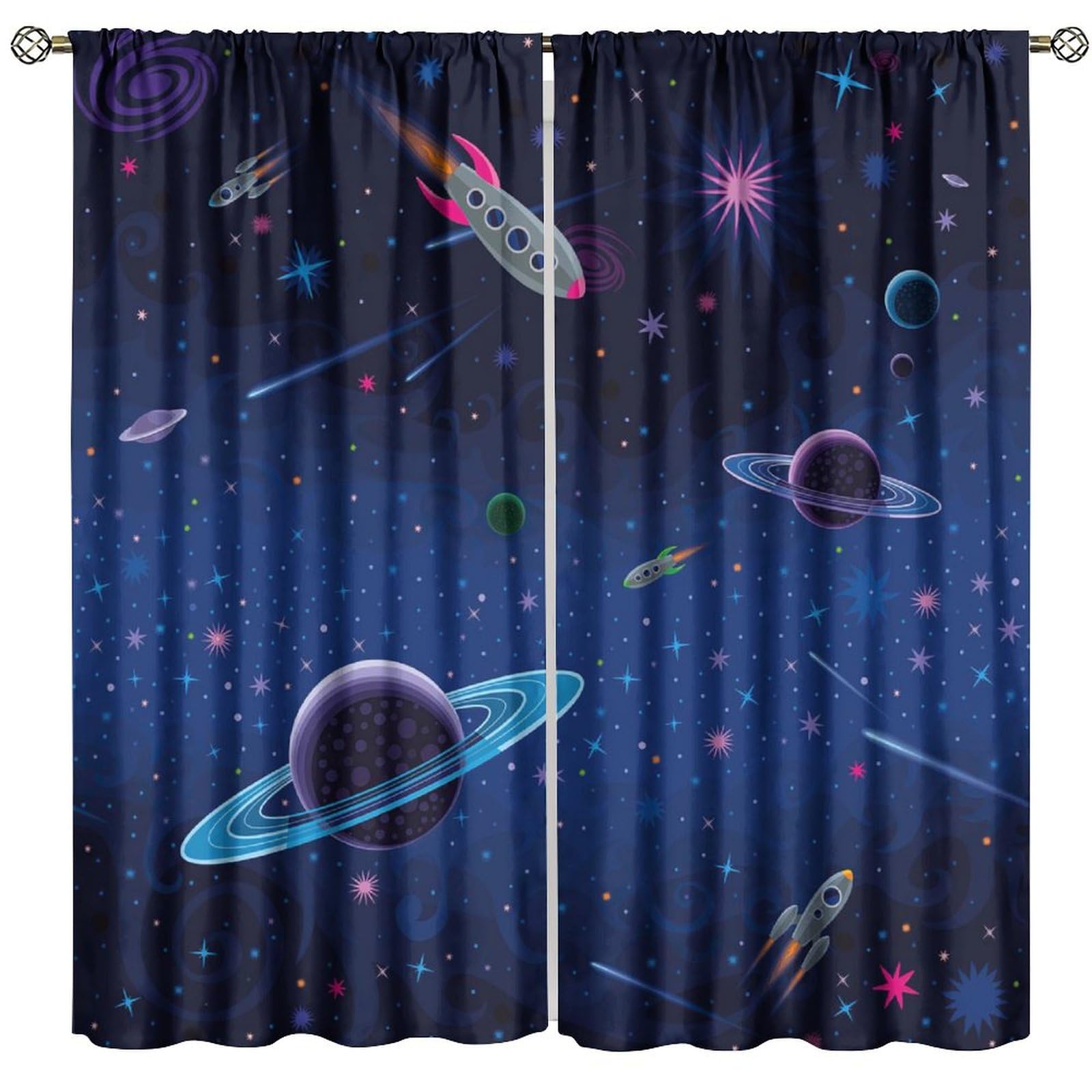 FengMingRui Kids Outer Space Blackout Curtains Cartoon Rocket Star Art Printed Window Treatment for Kids Boys Bedroom Living Room Decor Window Drapes 63