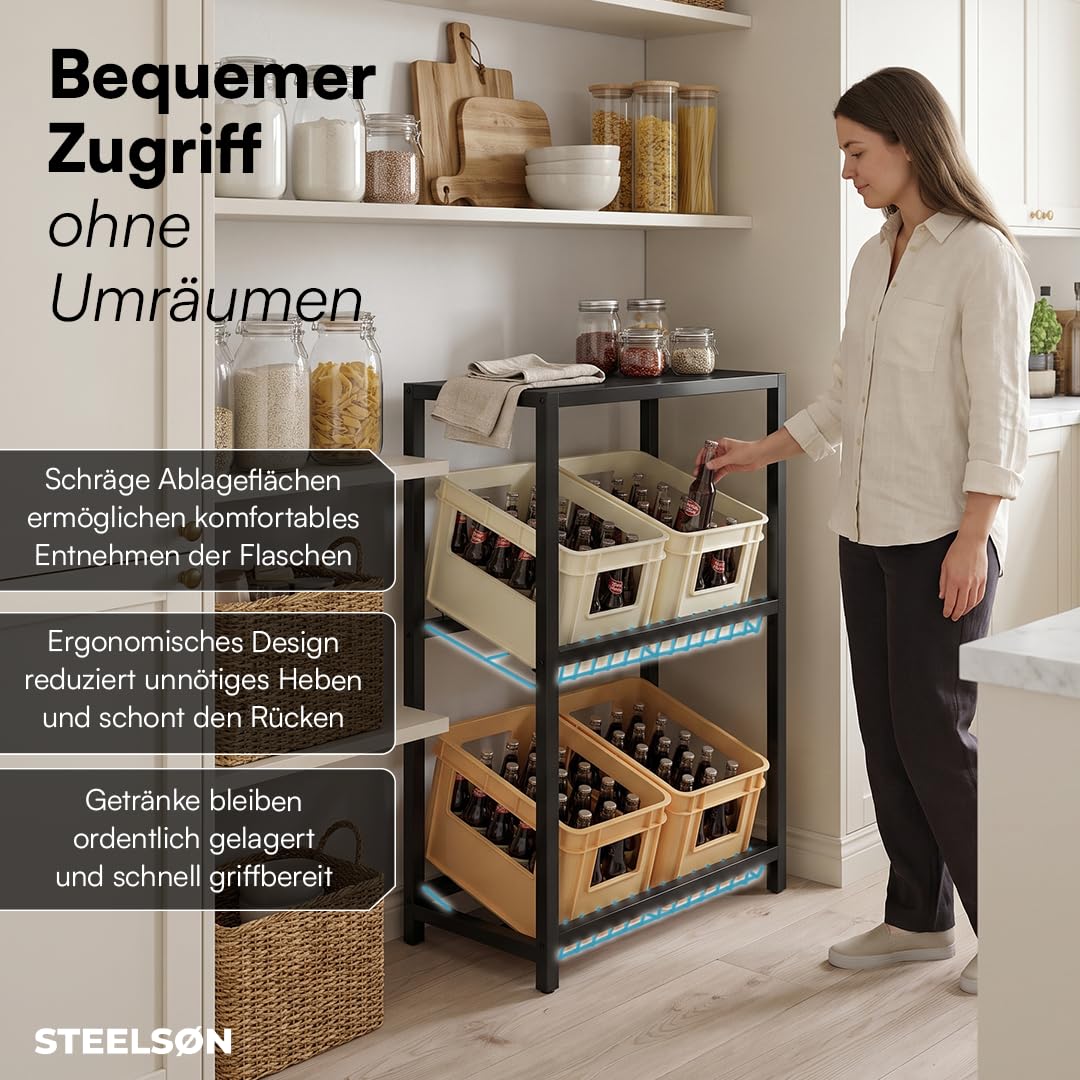 STEELSØN Montune Getränkekistenregal 4 Kisten, Schwarz, mit Ablage, Metall