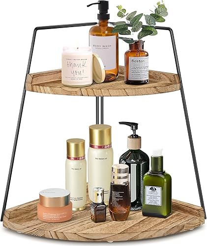 Organizador de encimera de baño de 2 niveles, organizador de baño de madera, estante de almacenamiento de esquina para mostrador, decoración de