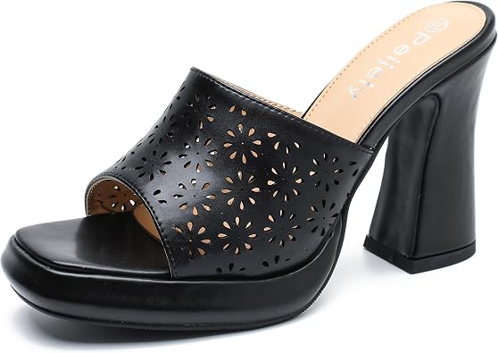 Womens Platform Mule Sandals, Square Toe, Floral Cutout, Block Heel Slip-On Slides, Chunky High Heel Summer Shoes Black Matte 39 - US 8