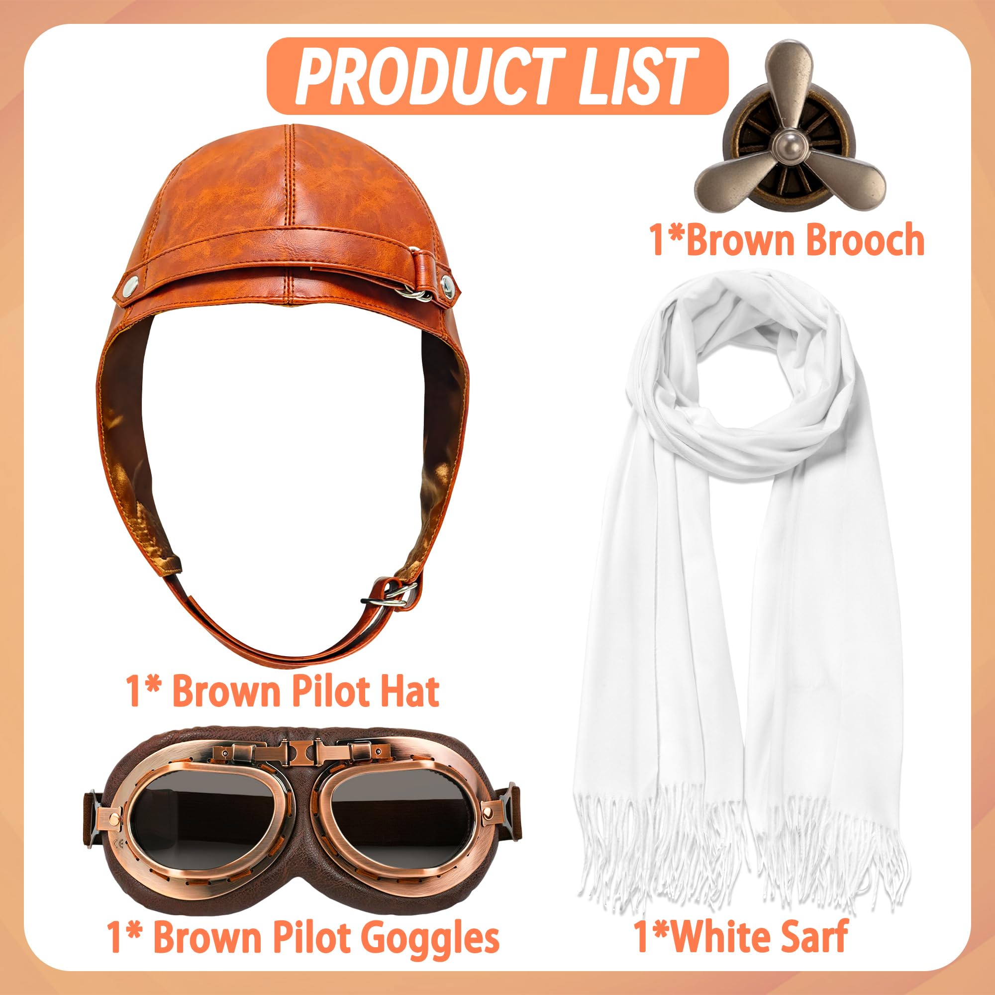 Horolam 4 PCS Aviator Costume Accessories, Aviator Hat With Goggles Pilot Cap White Scarf Brooch for Men Women - Image 3