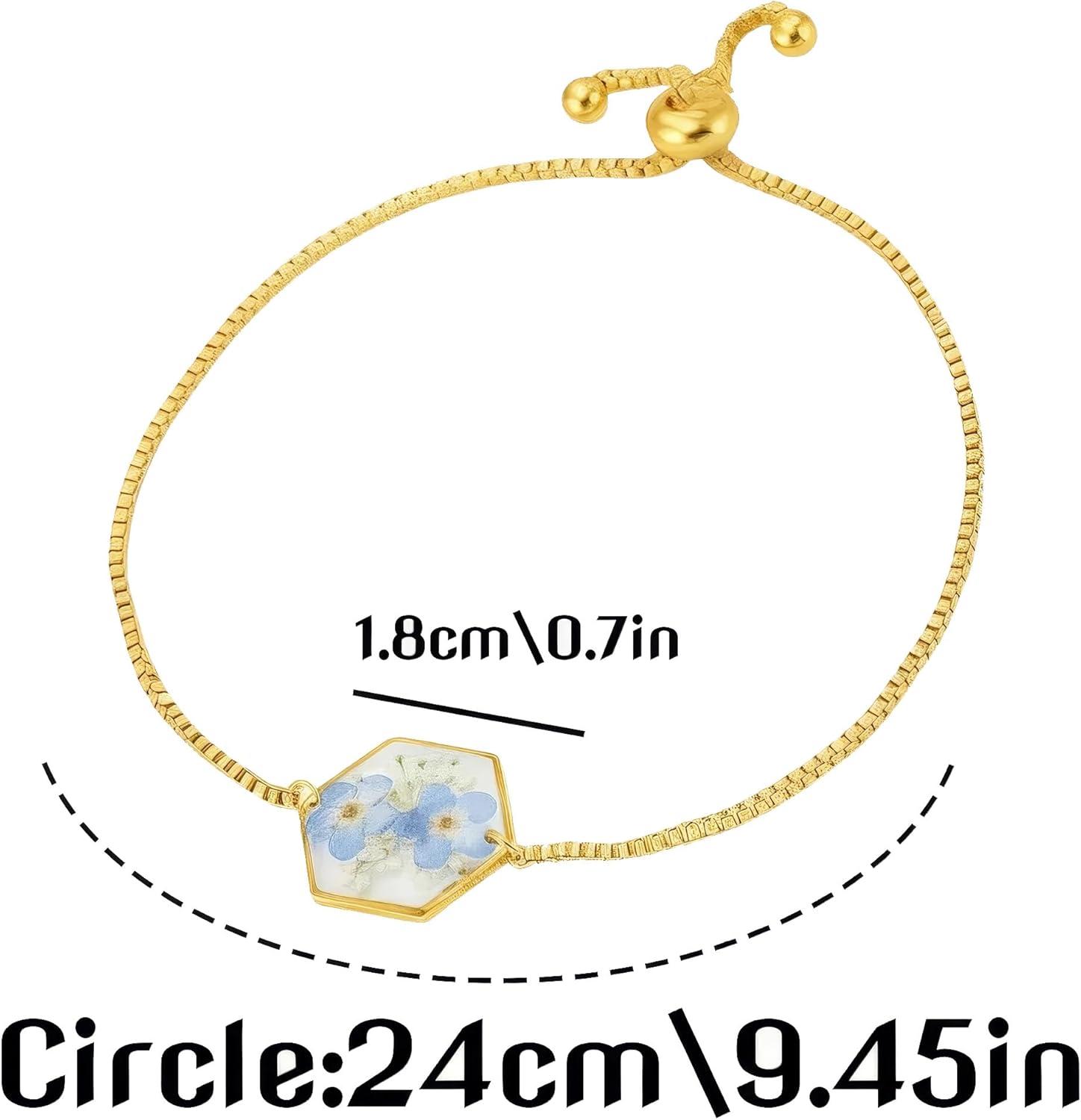 Real Forget-Me-Not Bracelet, Alaska State Flower Jewelry, Gold Adjustable Box Chain, Pressed Botanical Keepsake for Women (Gold) - Image 3