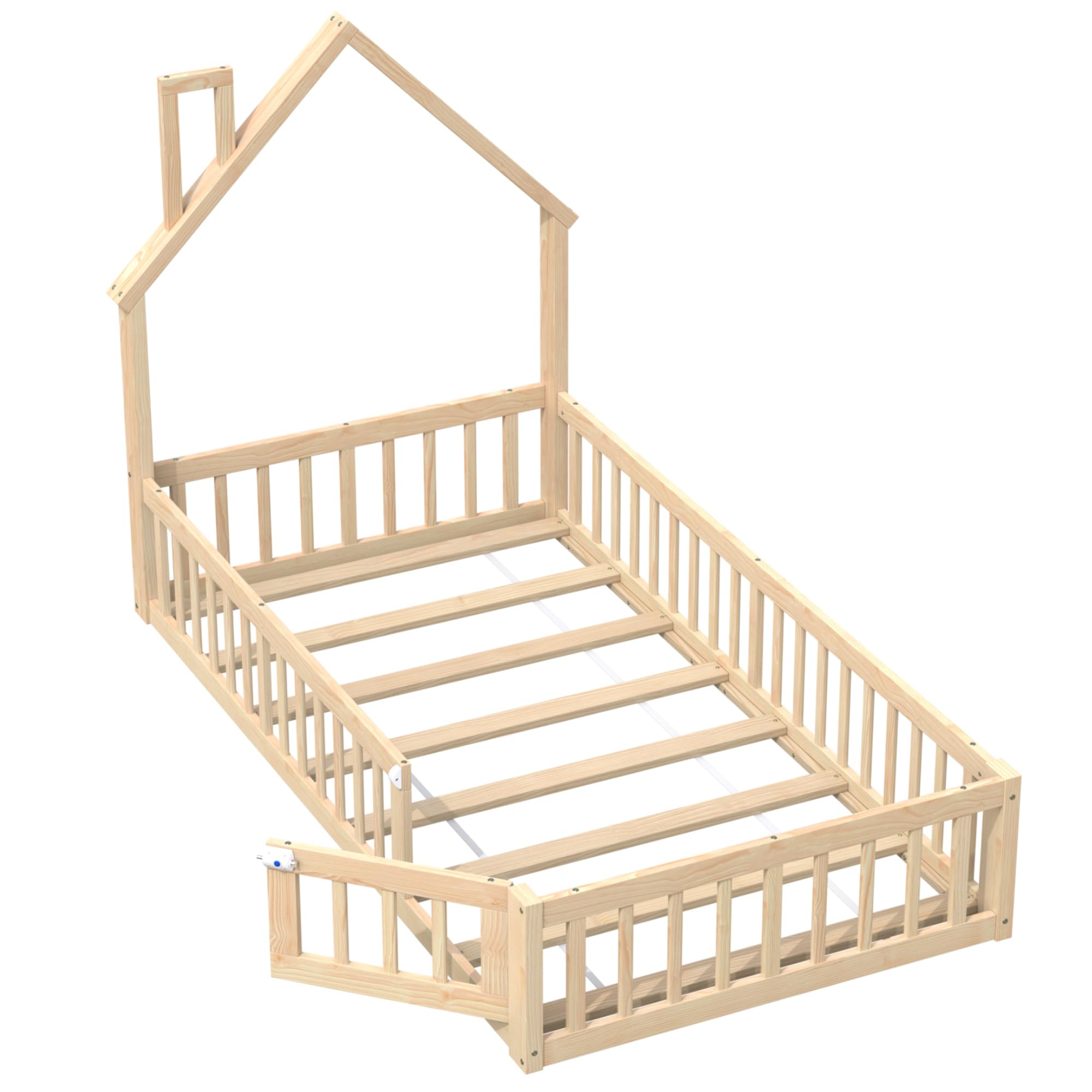 LAKFEW Cama Montessori Infantil 90x200 cm con Barandilla y Diseño de Chimenea, Cuna Cama Bebe Niño Niña con Listones de Madera, Cama Suelo Criança Individual, Natural, Sin Colchón