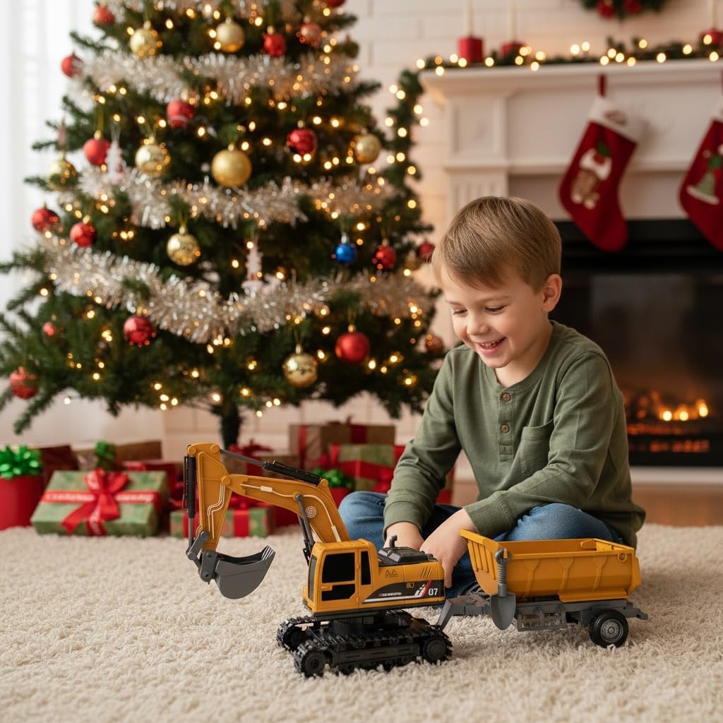 Remote Control Excavator Toy,Construction Toy Set with Light & Sound，Alloy Shovel and Dump Truck, Kids Toys for 4 5 6 7 8 Year Old Boys Girls, Gift for Christmas Birthday