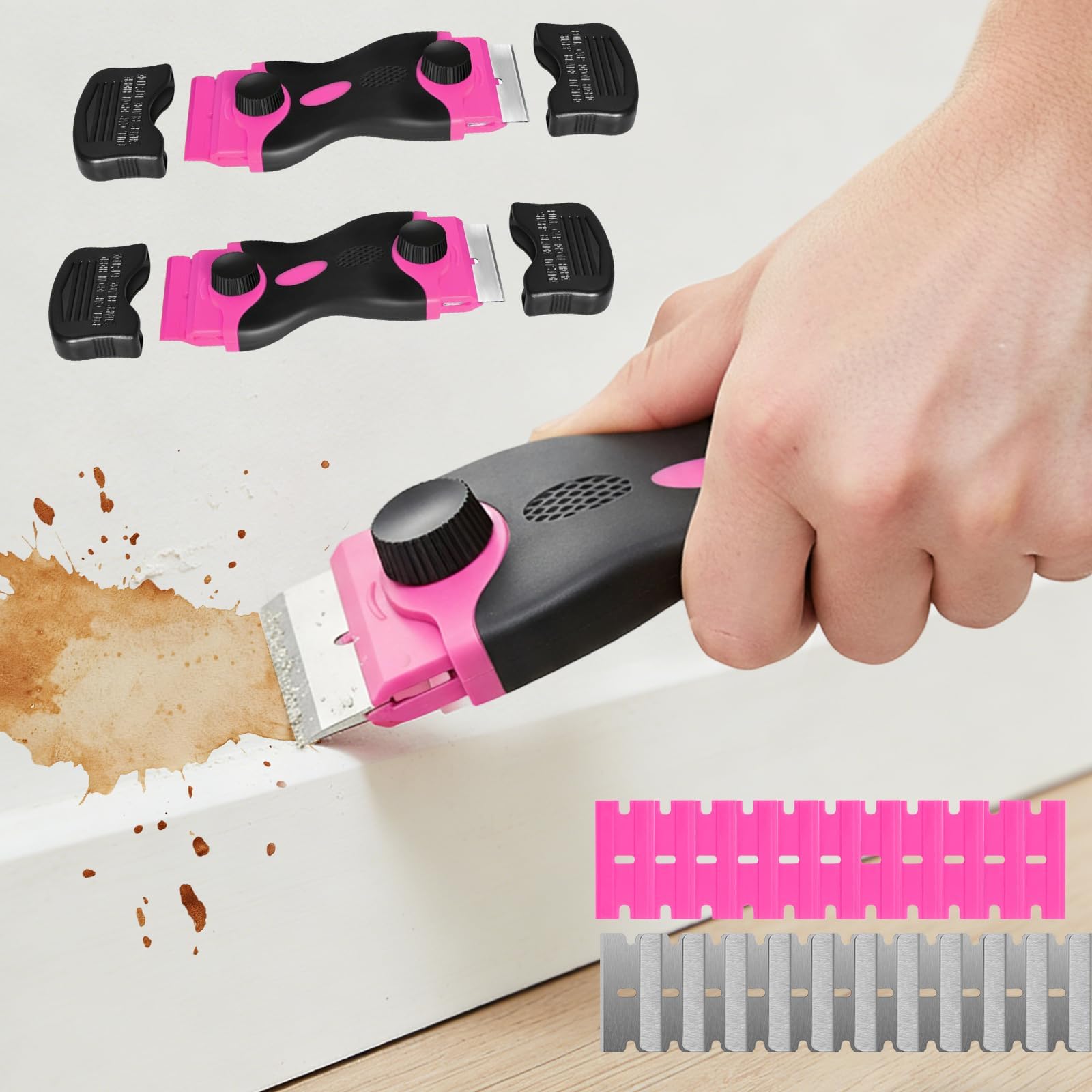 42 Pcs Multi Purpose Scraper Tool with Storage and Quick Change Design for Home Repair Cleaning Workshop Use for Adults(Pink)