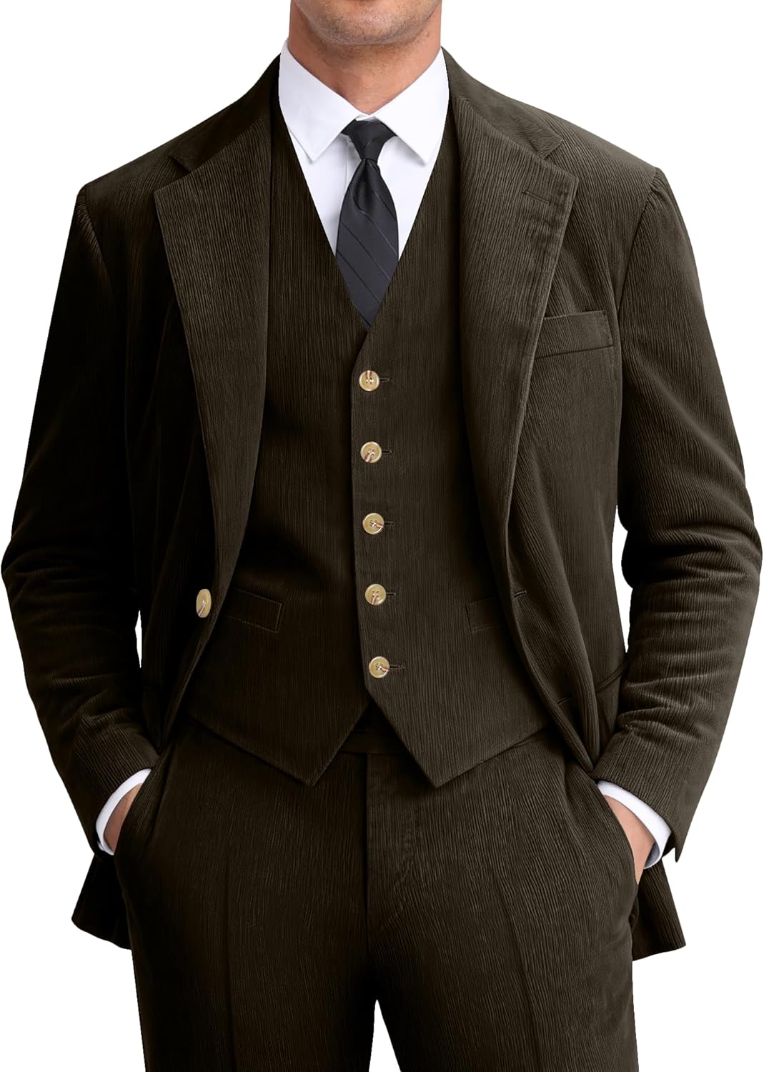 Men Corduroy Suit Slim Fit 3 Pieces Blazer Vest Pants Suits for Men Vintage Wedding Business Party