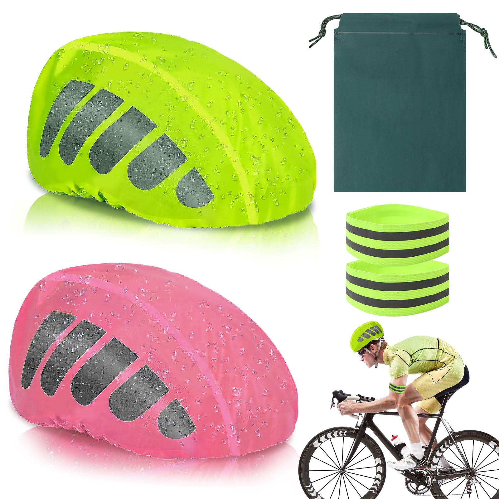 CYZBL 2Pcs Reflective Bike Helmet Rain Cover, High Visibility Waterproof Cycling Helmet Protector, Helmet Rain Cap With Reflective Strip, 2 Elastic Cycling Strap Wristbands for Night (Pink Green)