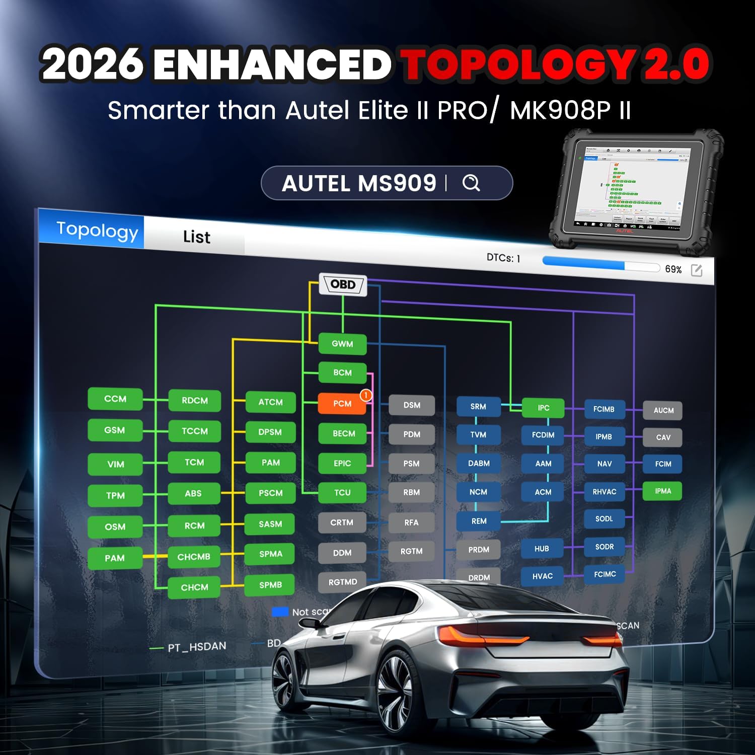 Autel MaxiSYS MS909 Scanner, 2026 Top Intelligent Same as MSUltra MS919 with OE J2534 Functions, Motor TruSpeed, Topology 2.0, Up of Elite 2 Pro, 40+ Service, 3000+ Tests, OE Diagnostics CAN FD DOIP