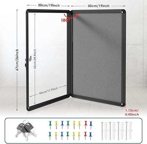 Miniatura 2 de Tablero de anuncios cerrado con cerradura y puerta de bloqueo para interiores, fieltro gris, marco de aluminio negro, 26 x 20 pulgadas