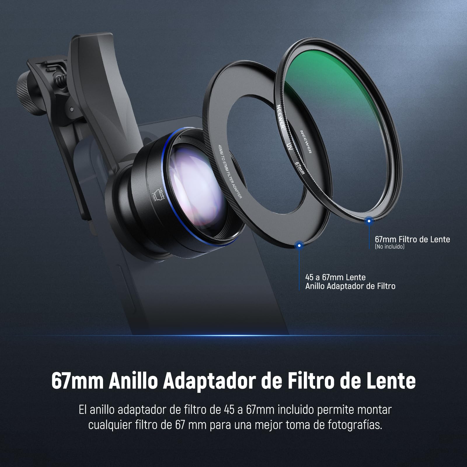 NEEWER 60mm Teleobjetivo con 17mm Rosca Clip de Lente de Teléfono y 67mm Anillo Adaptador de Filtro, Aumento 2x Compatible con iPhone Samsung, LS-41 PRO