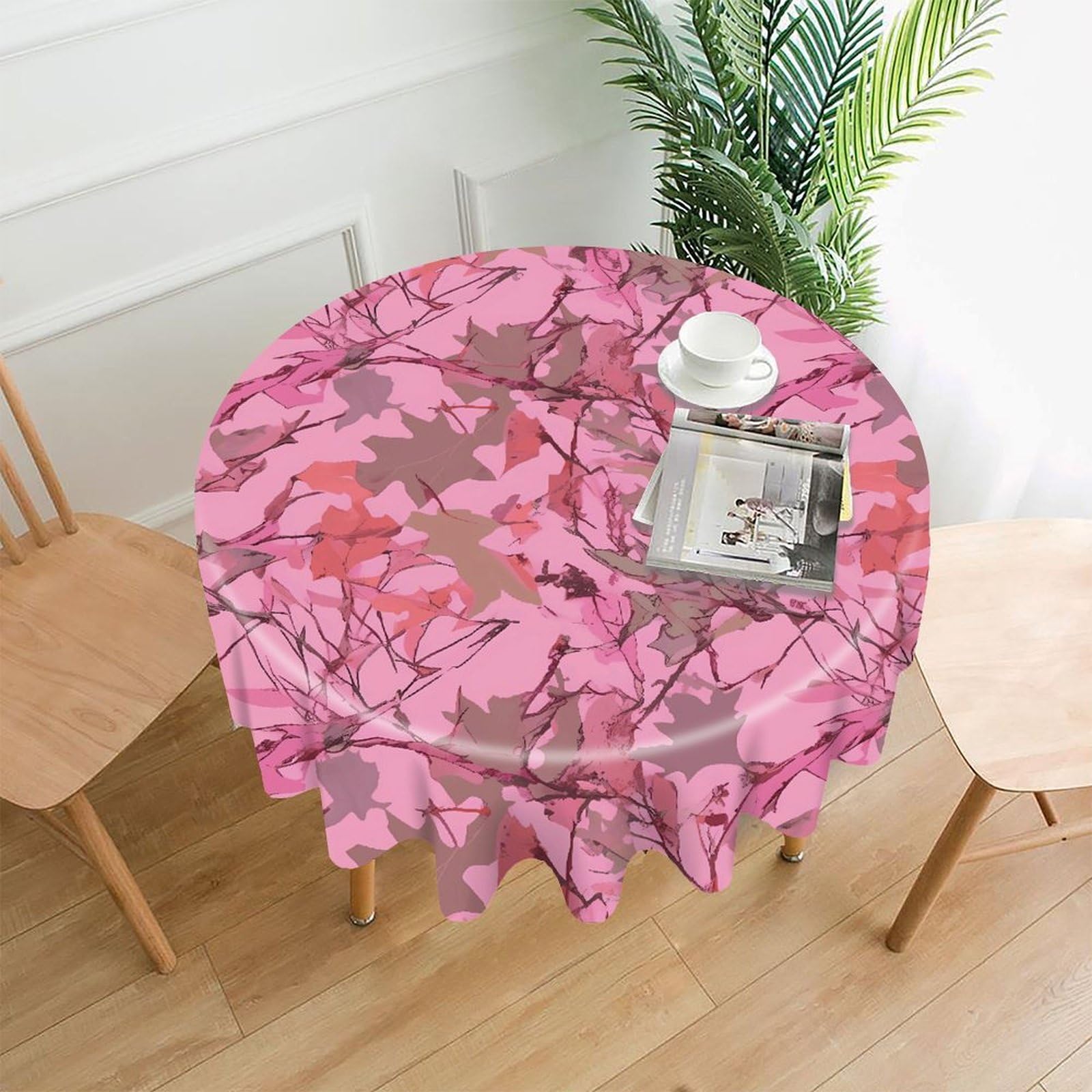 VstaDank Pink Leaves Camo Tablecloth Easy to Clean Polyester Round Table Cover Washable Round Table Cloth Wrinkle-Free Circle Decoration Tablecloth for Kitchen Dining Room 60"