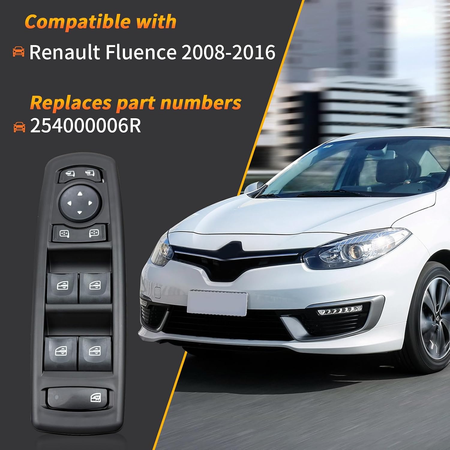 Driver-Side Window Switch - 254000006R (Dual Front Auto) - Fits 08-16 Renault Fluence - W/Pry Tool​