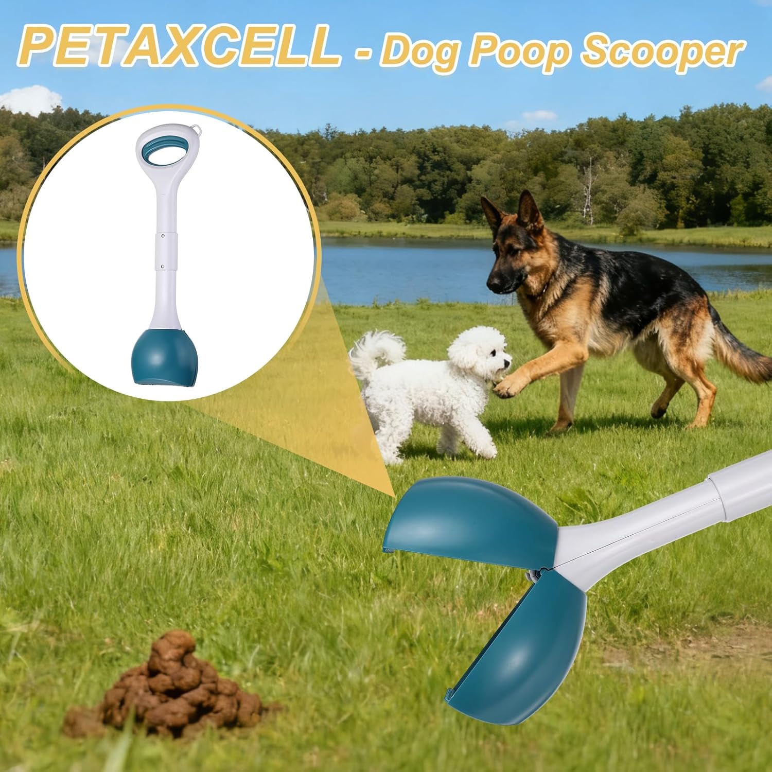 Poop Scooper, 27.6" Long Handle No Touch Dog Poop Scooper Grabber Foldable Spring Pick Up Tool Shovel, (Blue), Intended for Dogs Waste in Lawns/Grass/Dirt/Gravel