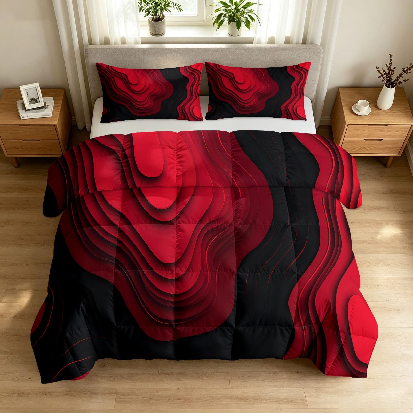 Bettdecke Ohne Bezug Sommer 135 x 200 cm Rot 3D Abstrakt Geometrisch, Steppdecke aus Gewaschene Baumwolle - Gelände Textur Wellen, Waschbare Sommerdecke Atmungsaktive Kühldecke für Allergiker