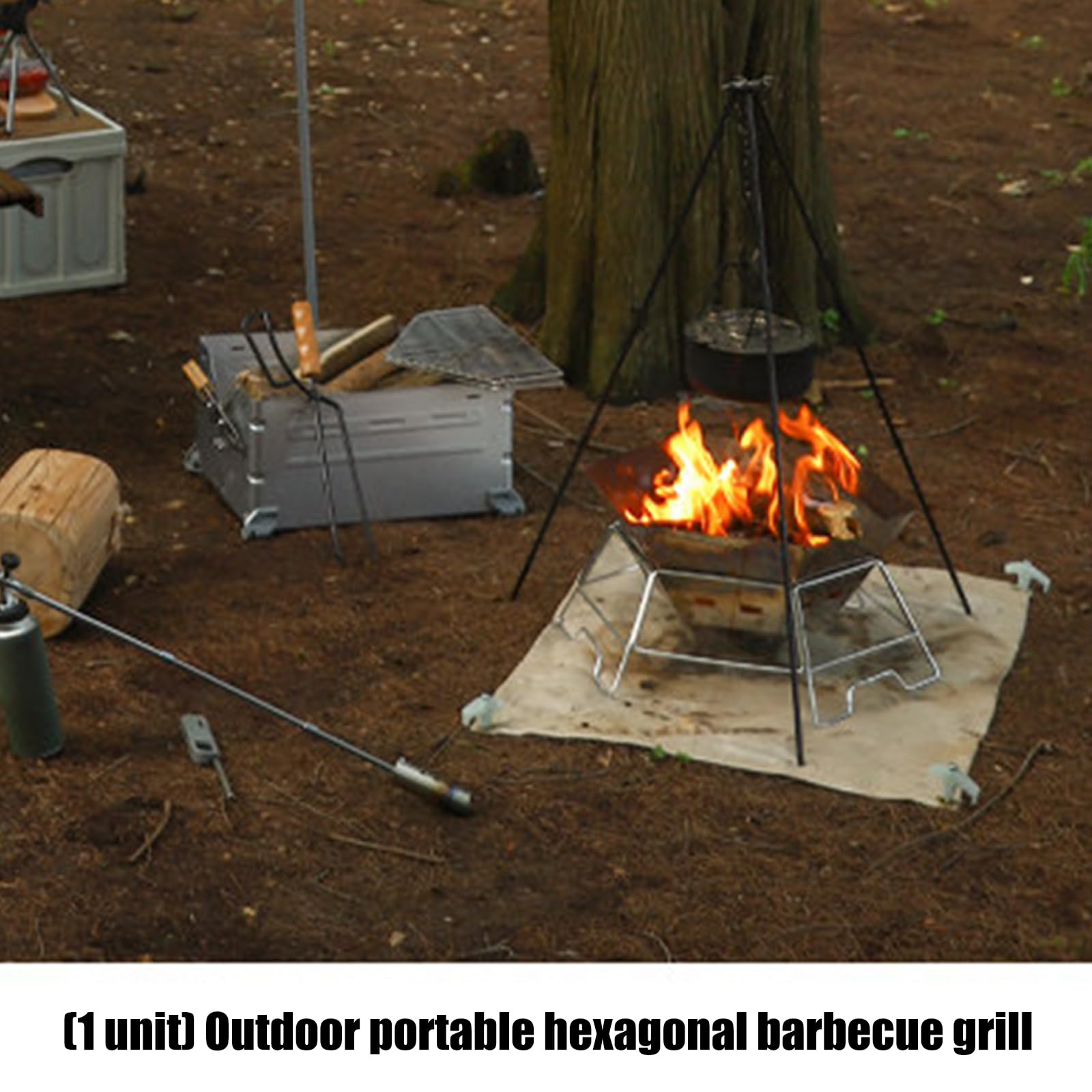 Barbecue multifunzionale esagonale trasportabile per campeggio evidenziando braciere cottura acqua bollente e capacità di grigliare barbecue all'aperto con rete
