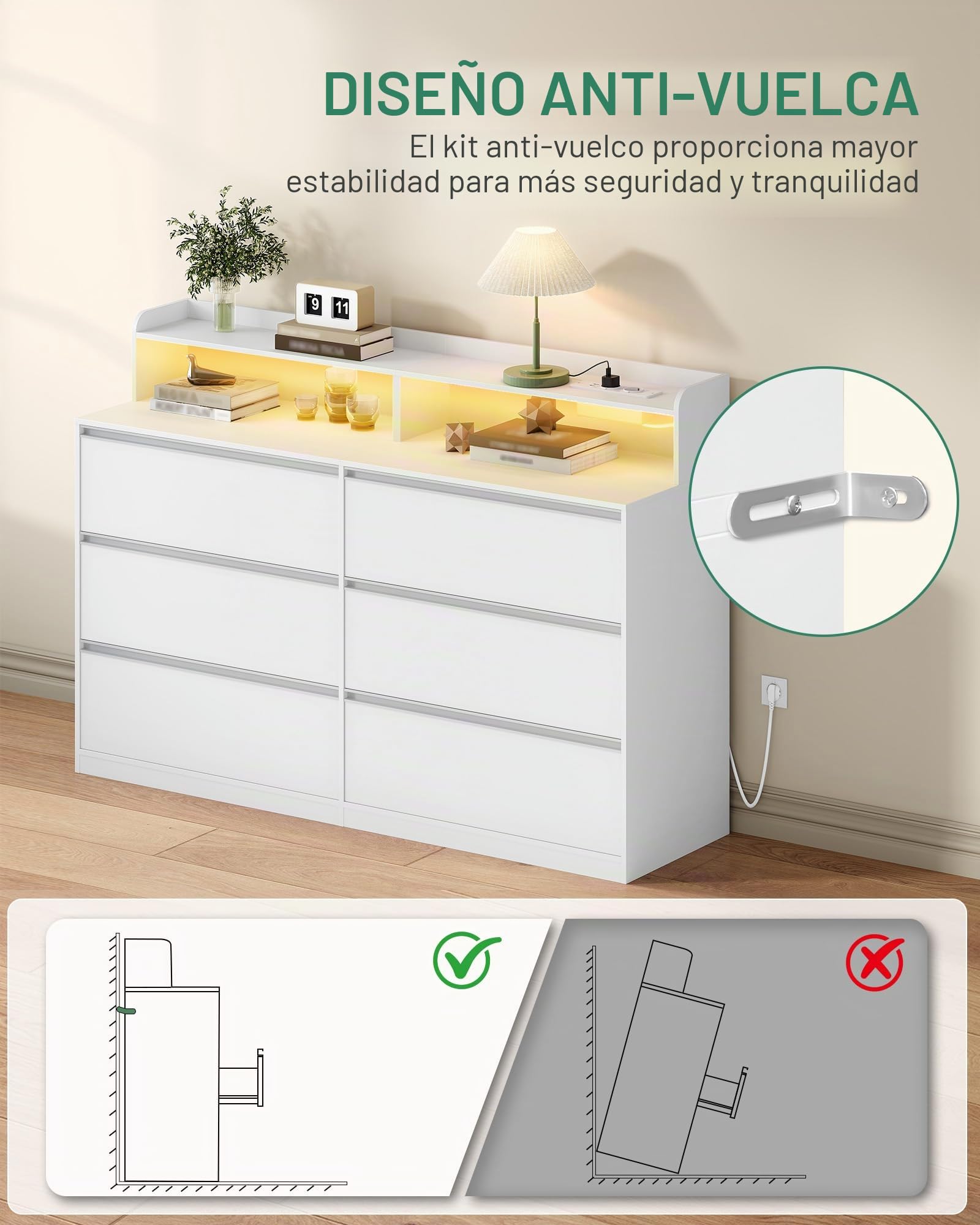 Hzuaner Cómoda Equipada con LED y Regleta de eEnchufes, 6 cajones, Cómoda para Dormitorio, Mueble Almacenaje con Cajones para Dormitorio, Armario, Pasillo, Salón 40 x 140 x 95 cm Blanco 1214003XEU