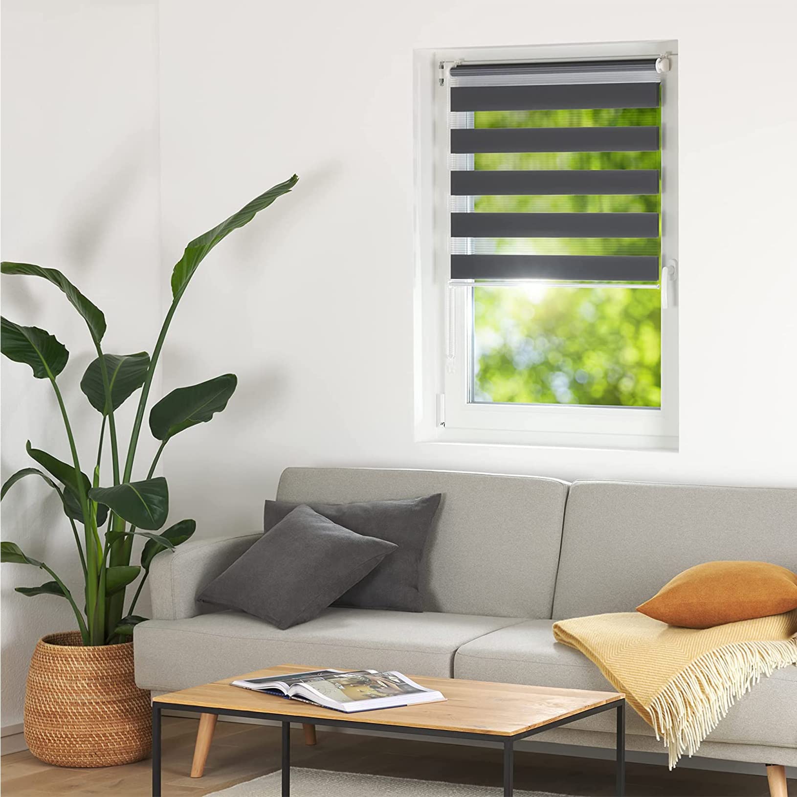 Persianas opacas impermeables de 95 x 200 cm, color gris oscuro, para día y noche, con accesorios, perfectas para baño y oficina