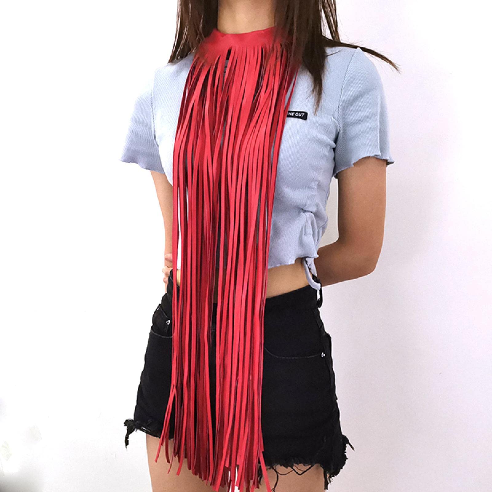 Collar Mujer Colgante Cadena Regalos Necklace Collar Largo Con Borlas Para Mujer, Collar Con Colgante De Estilo Punk Bohemio De Cuero, Rojo, Naranja, Amarillo Y Azul