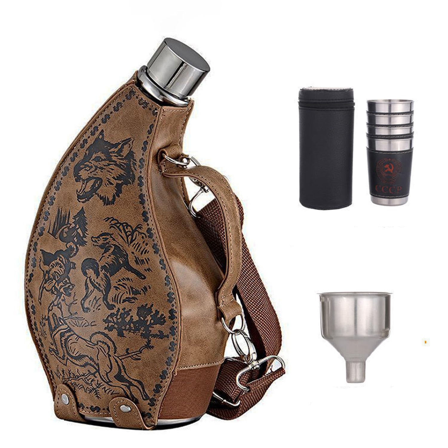 Portable Hip Flasks Set Stainless Steel Whiskey Flask Horn Shape Large Capacity Liquor Flask with Removable Holster, Funnel, 70ml Cup,Wolf