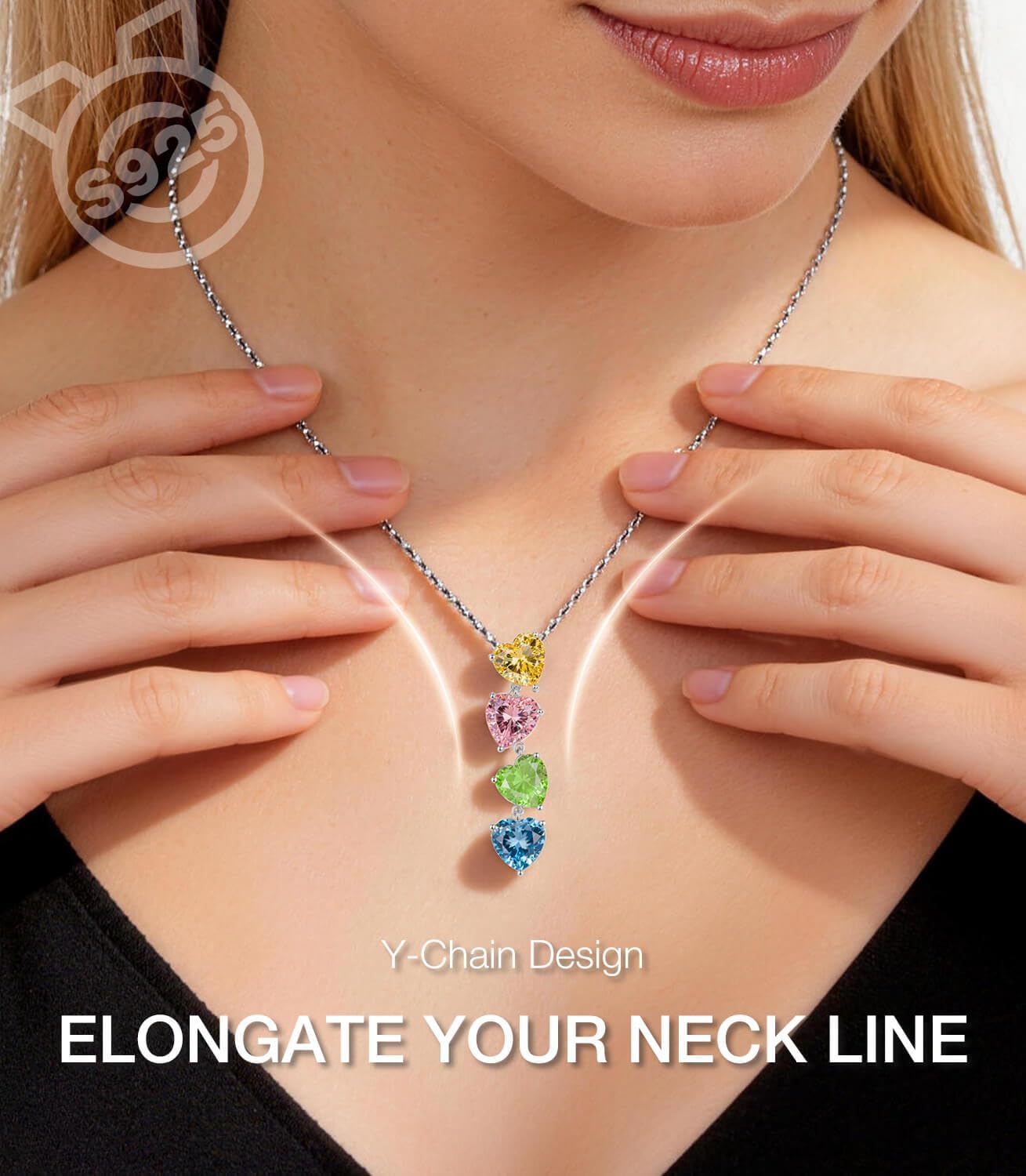 Lovans Sterling Silver Y Necklace with Heart-cut Cubic Zirconia S925 Y-shaped Pendant Necklace for Women,18"+2"