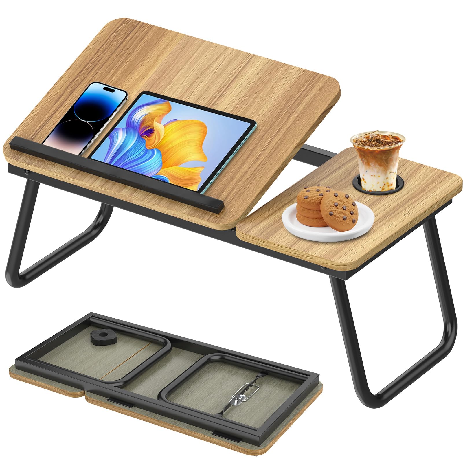 Huracan Table pour Ordinateur Portable, Plateau de Petit déjeuner pour Le lit Support d'ordinateur, avec Pieds Pliables, 5 Angles d'inclinaison, Lapdesk, Support de Table lit pour canapé, Divan, Noix
