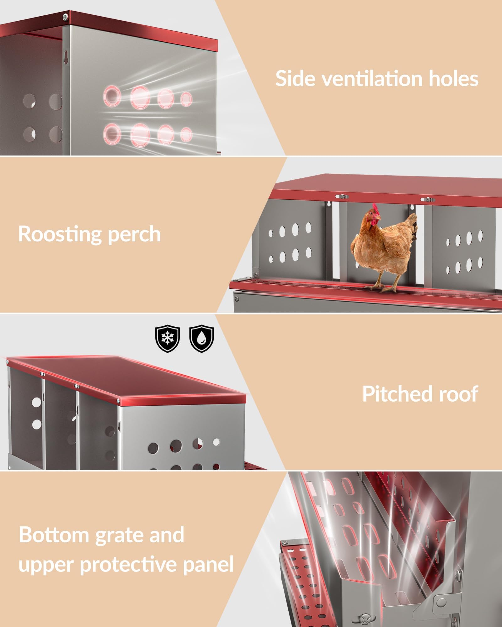 Ponedero para Gallinas de 8 Compartimentos, Nidal en Acero INOX de 2 Niveles, Ponedero Mural Enrollable Fácil de Limpiar, Nidal Resistente para Cría de Aves de Corral y Gallinas, Rojo