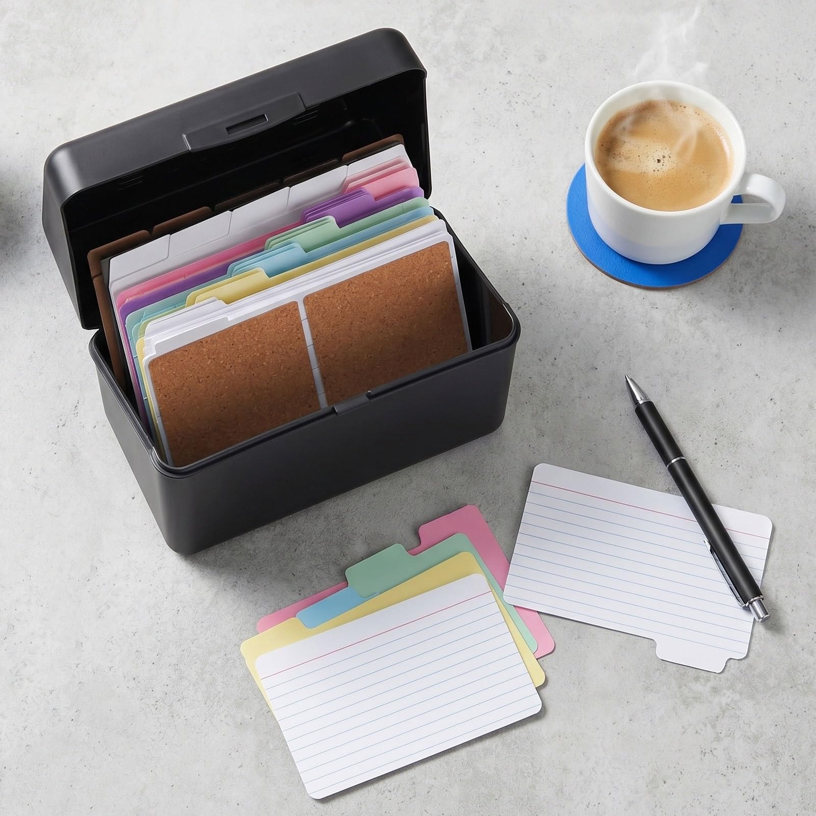 2er-Set Karteikarten-Organizer-Set, schwarze Trennblätter, farbige linierte Karten, Metallringe und Korketiketten für Schule, Büro, Studium, Rezepte