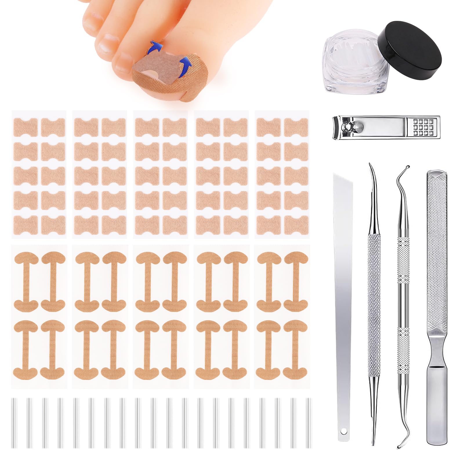 Ingrown Toenail Removal Kit - 50 Pcs Pain-Free Ingrown Toenail Corrector Strips with Toe Nail Lifter Painless File - Easy Use Ingrown Toenail Tools Kit