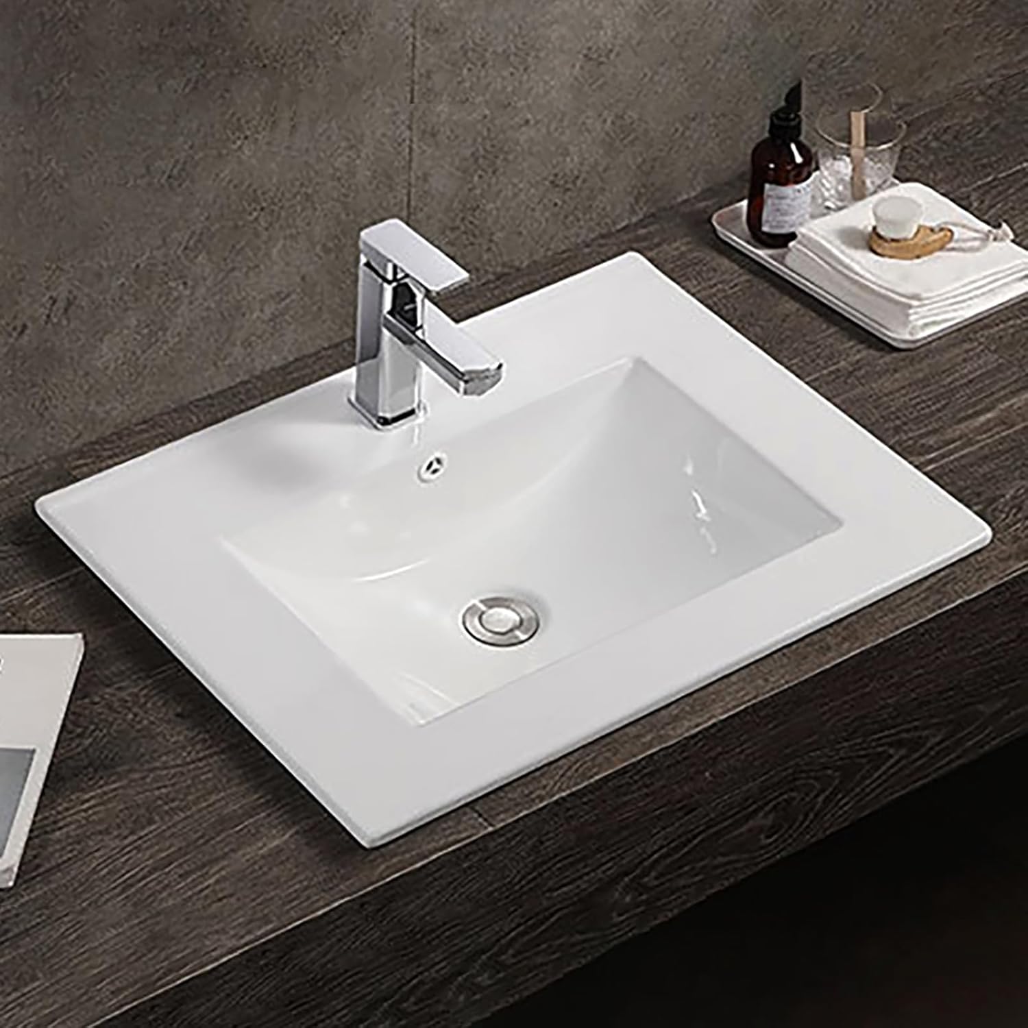 900mm White Ceramic Sink Bathroom Inset Basin Cloakroom Basin, Modern Overflow Wash Basinbowl With Single Tap Hole, Cabinet Mounted Basins Countertop Basin Vessel Sink