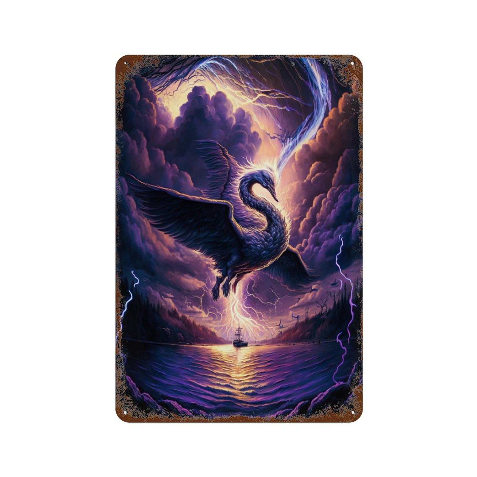 Fantasy Swan Storm Artwork Rustic Tin Plaque 11.8"x7.9", for Shed, Workshop And Garage Wall Decor, Shabby Chic Decor