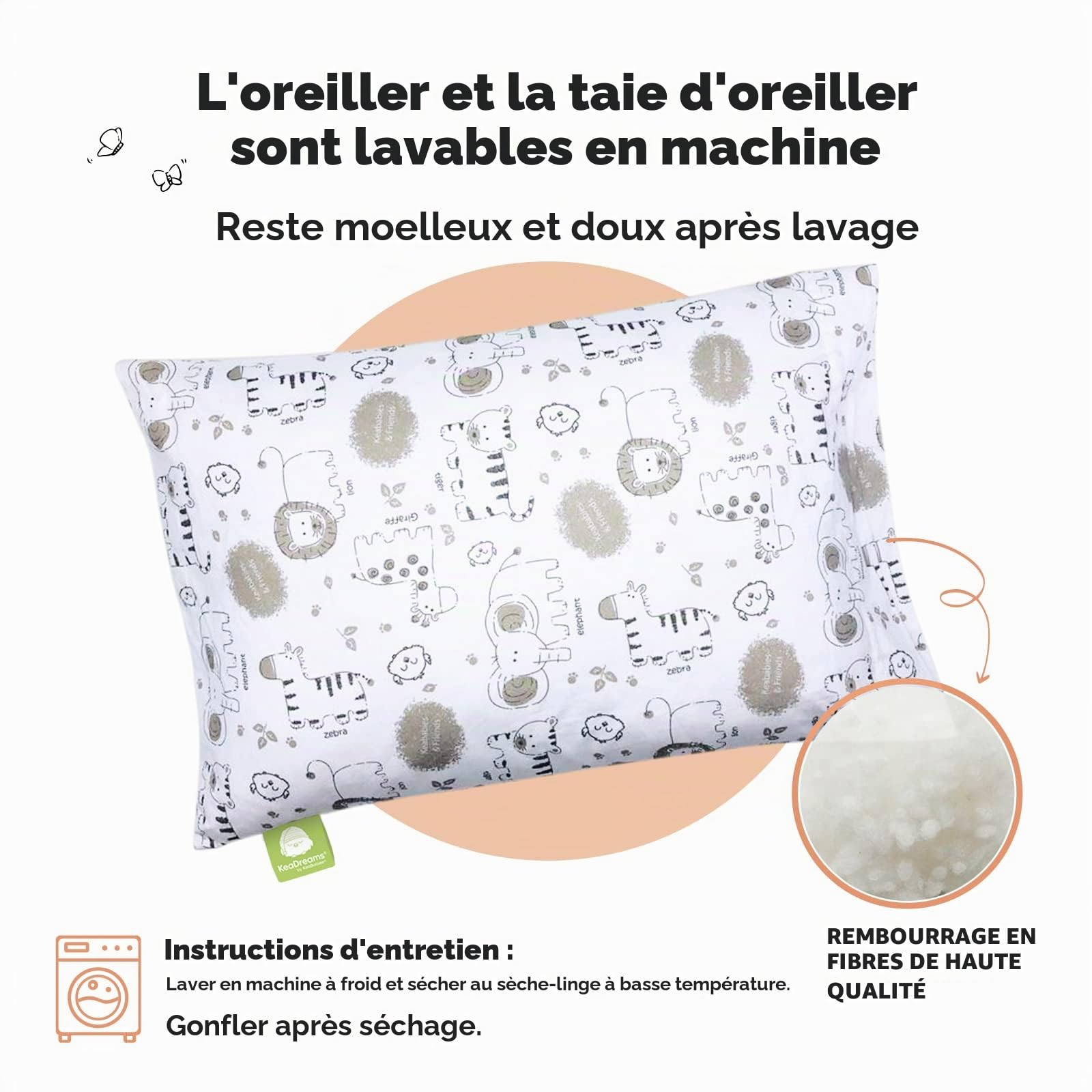 Oreiller pour Tout-Petit avec Taie d'oreiller - Oreillers Oreiller pour Tout-Petit en Coton Biologique Doux pour Dormir - Lavable en Machine - Parfait pour Les Voyages (KeaSafari)
